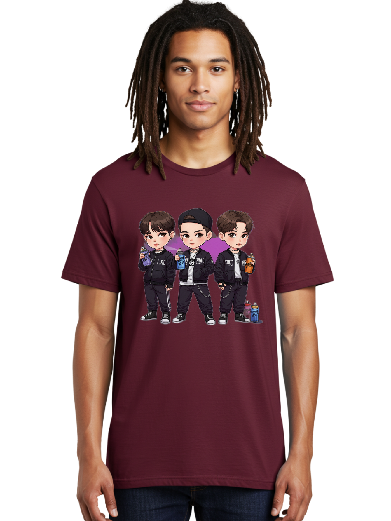 Chibi-Boys Men'S Graphic Tee, 100% Cotton, Comfortable Casual Summer Wear, Machine Washable, Three Boys In Black Jackets, Streetwear Fashion, Casual Style, Young Males, Holding Cans, Urban Look, Lrc, Hiac, Srof, Graffiti Style, Kawaii Art, Bab733