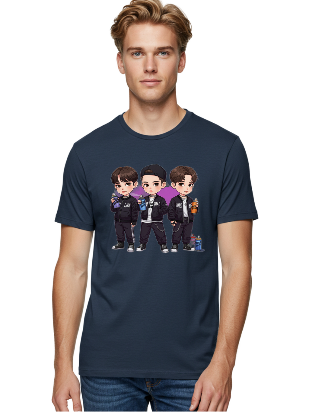 Chibi-Boys Men'S Graphic Tee, 100% Cotton, Comfortable Casual Summer Wear, Machine Washable, Three Boys In Black Jackets, Streetwear Fashion, Casual Style, Young Males, Holding Cans, Urban Look, Lrc, Hiac, Srof, Graffiti Style, Kawaii Art, Bab733