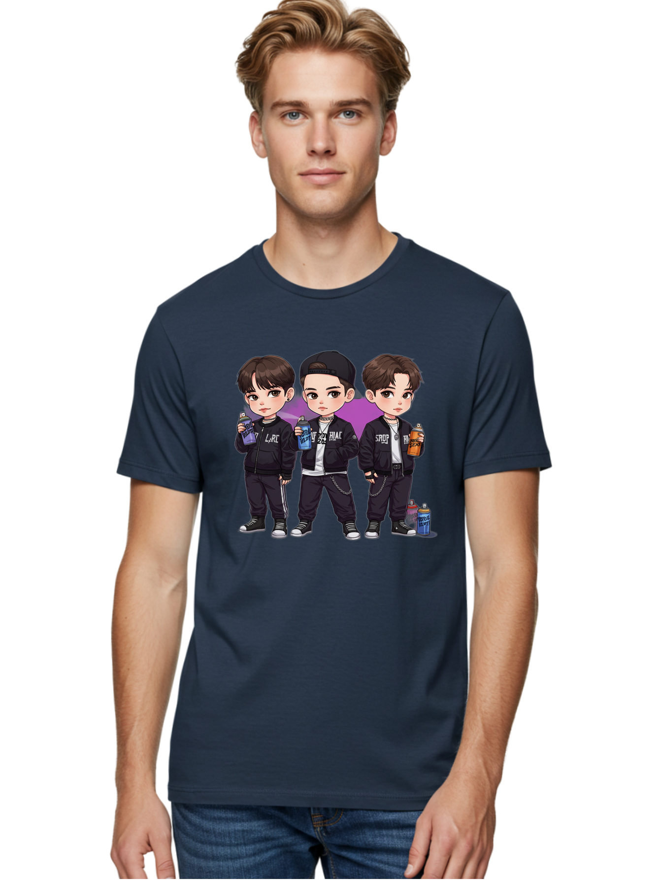 Chibi-Boys Men'S Graphic Tee, 100% Cotton, Comfortable Casual Summer Wear, Machine Washable, Three Boys In Black Jackets, Streetwear Fashion, Casual Style, Young Males, Holding Cans, Urban Look, Lrc, Hiac, Srof, Graffiti Style, Kawaii Art, Bab733
