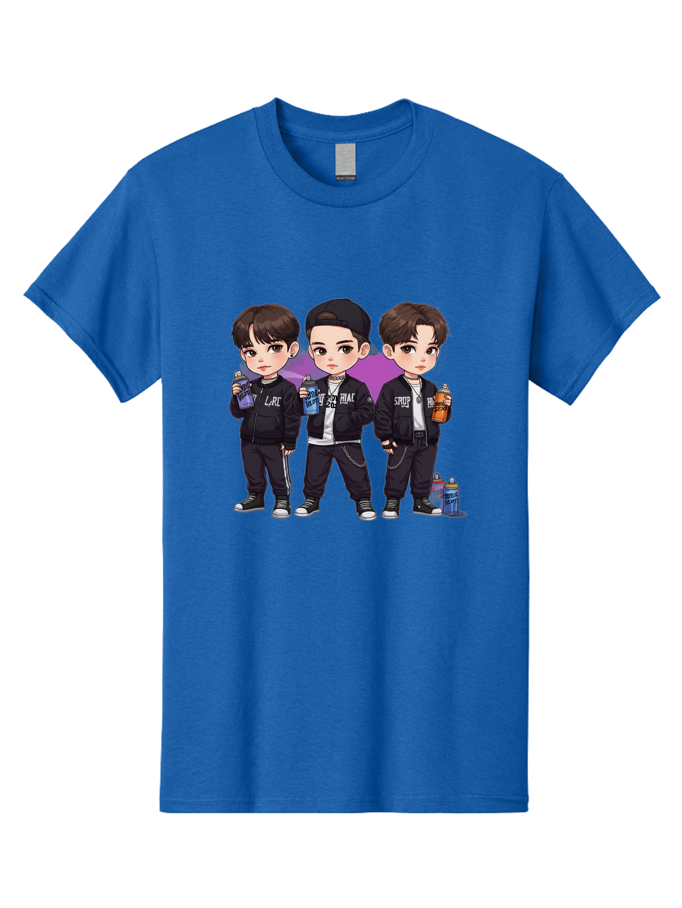 Chibi-Boys Men'S Graphic Tee, 100% Cotton, Comfortable Casual Summer Wear, Machine Washable, Three Boys In Black Jackets, Streetwear Fashion, Casual Style, Young Males, Holding Cans, Urban Look, Lrc, Hiac, Srof, Graffiti Style, Kawaii Art, Bab733