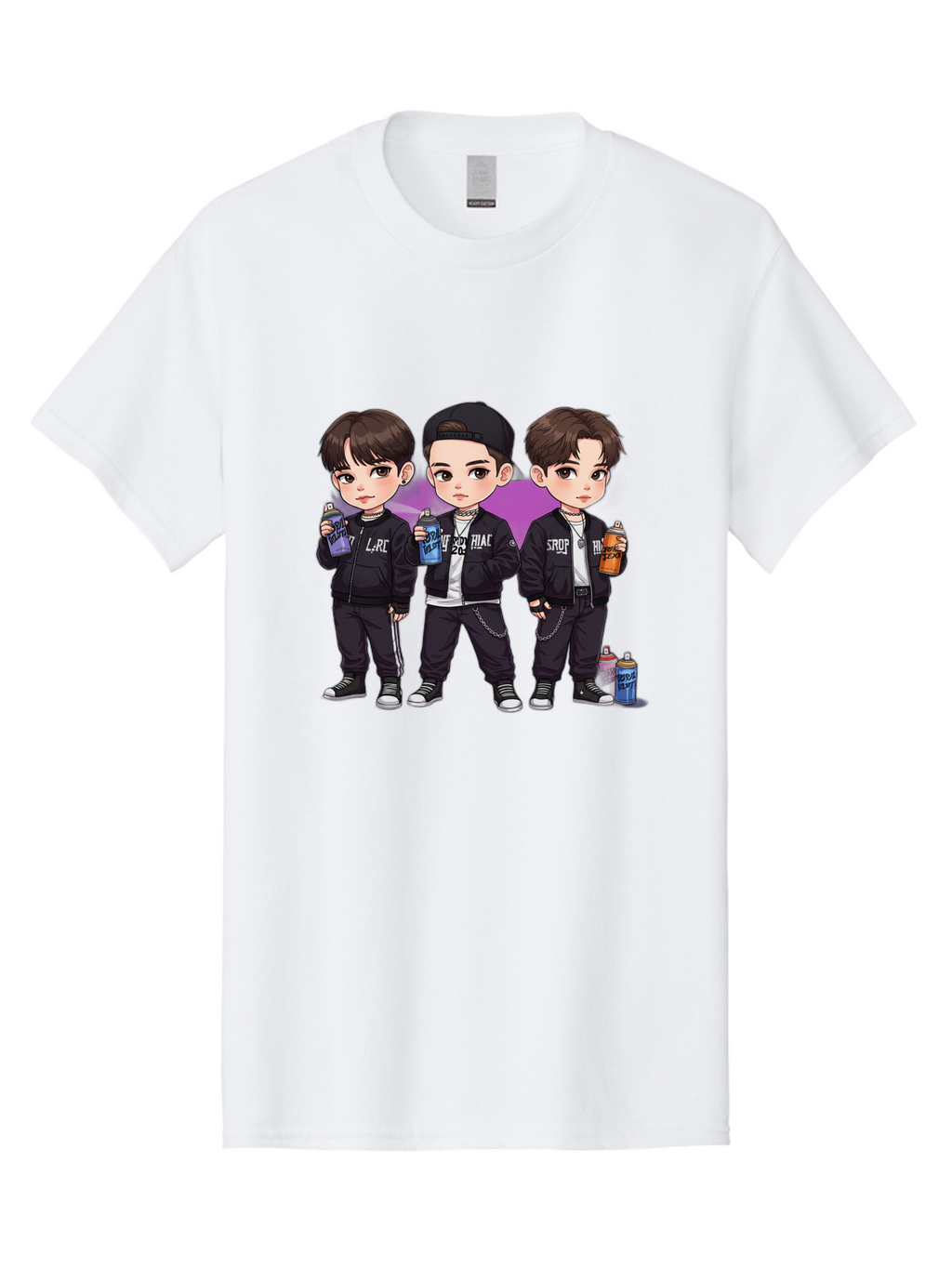 Chibi-Boys Men'S Graphic Tee, 100% Cotton, Comfortable Casual Summer Wear, Machine Washable, Three Boys In Black Jackets, Streetwear Fashion, Casual Style, Young Males, Holding Cans, Urban Look, Lrc, Hiac, Srof, Graffiti Style, Kawaii Art, Bab733