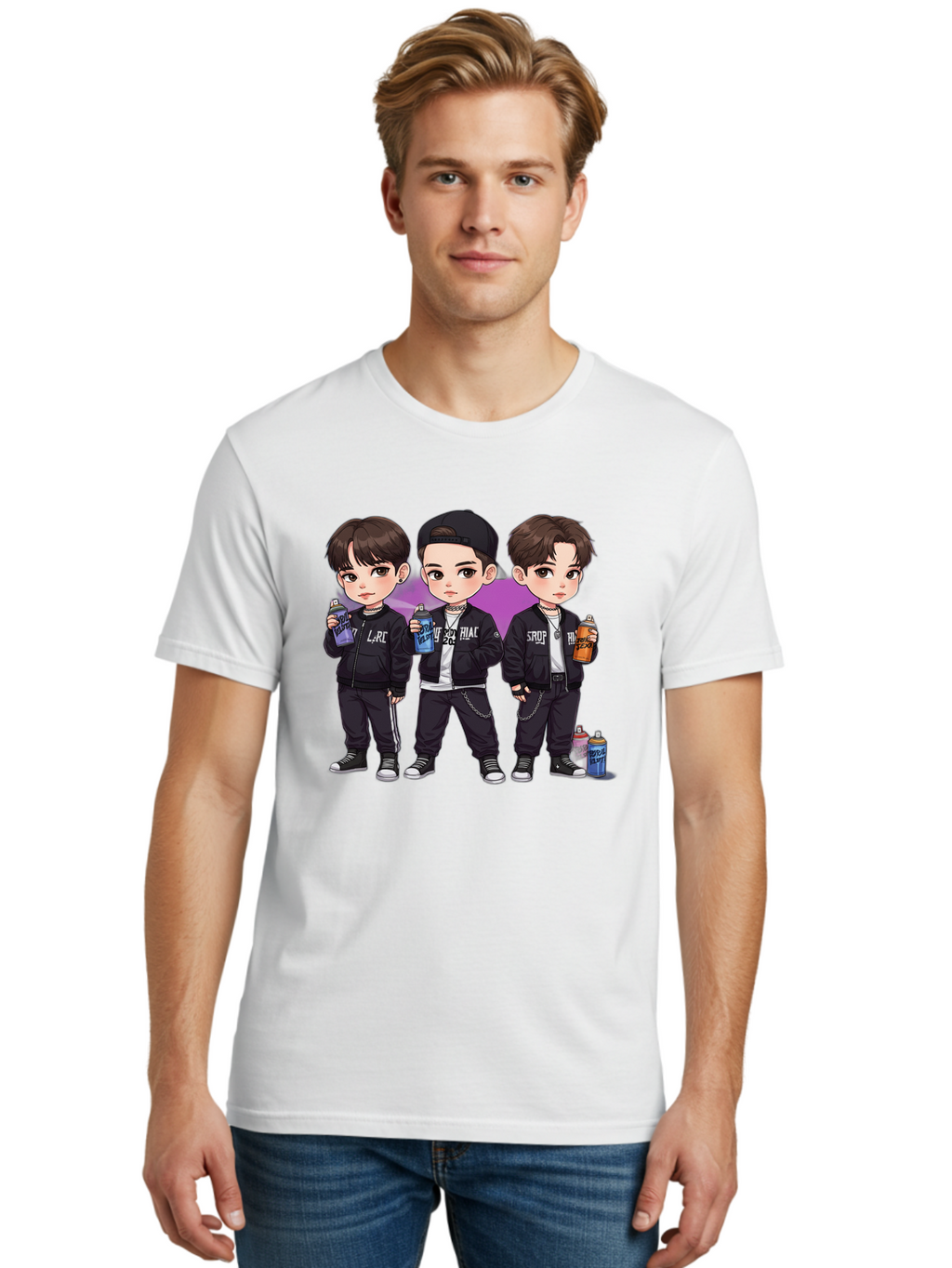 Chibi-Boys Men'S Graphic Tee, 100% Cotton, Comfortable Casual Summer Wear, Machine Washable, Three Boys In Black Jackets, Streetwear Fashion, Casual Style, Young Males, Holding Cans, Urban Look, Lrc, Hiac, Srof, Graffiti Style, Kawaii Art, Bab733
