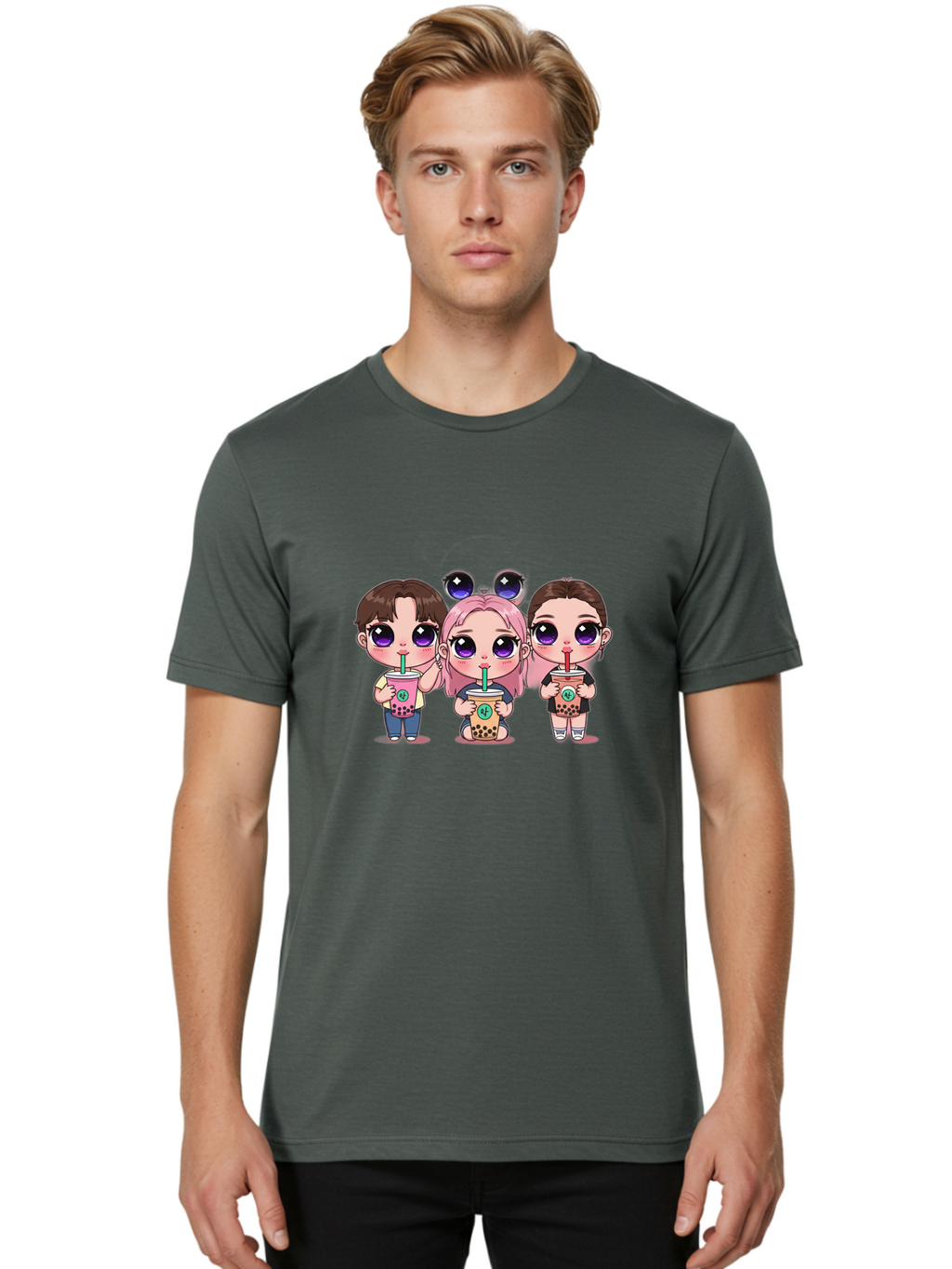 Chibi-Friends Men'S Graphic Tee, 100% Cotton, Comfortable Casual Summer Wear, Machine Washable, Chibi Style, Kawaii Characters, Boba Tea, Bubble Tea Cups, Cartoon Friends, Anime Characters, Cute Accessories, Adorable Illustrations, Bab734