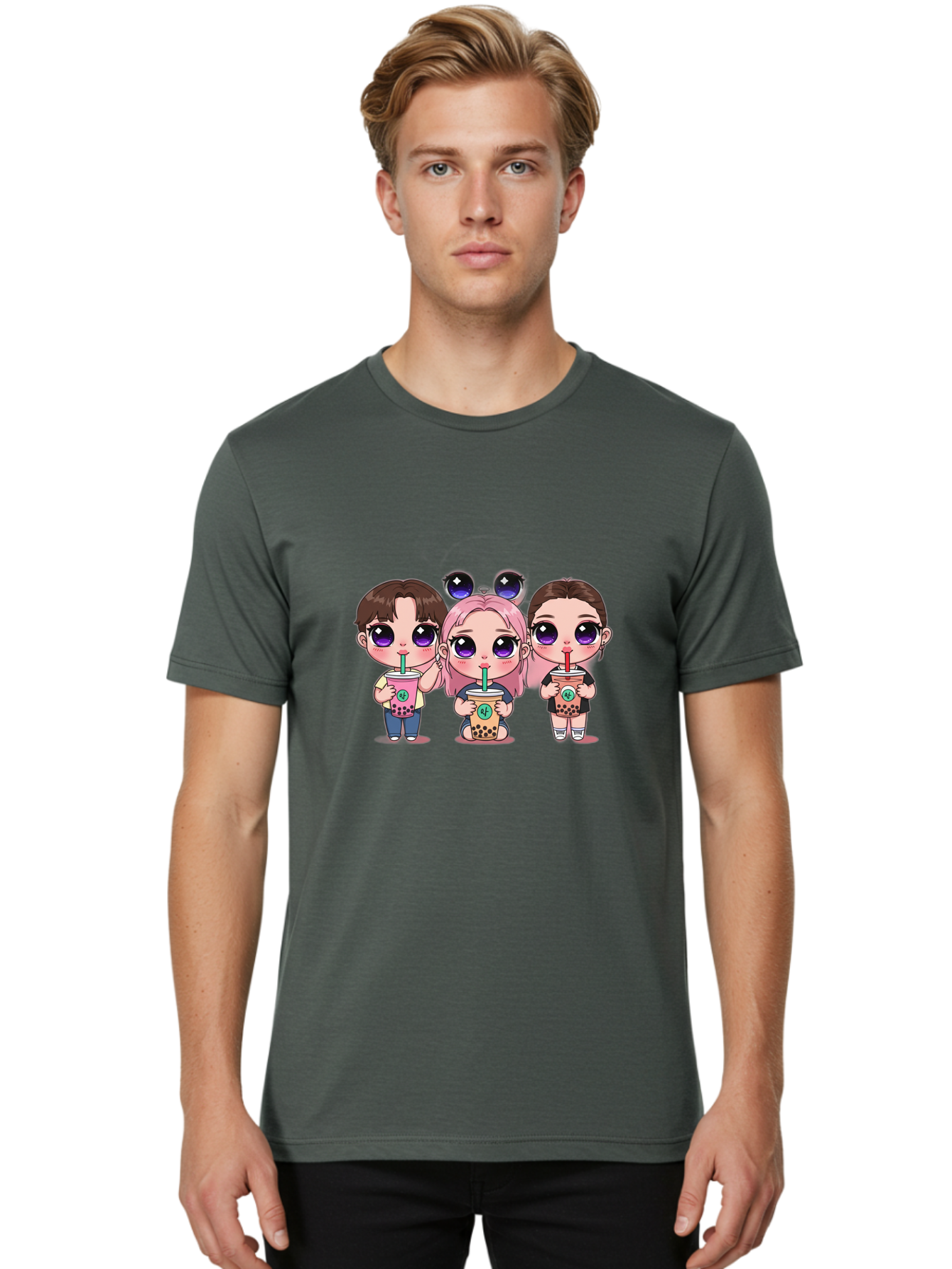 Chibi-Friends Men'S Graphic Tee, 100% Cotton, Comfortable Casual Summer Wear, Machine Washable, Chibi Style, Kawaii Characters, Boba Tea, Bubble Tea Cups, Cartoon Friends, Anime Characters, Cute Accessories, Adorable Illustrations, Bab734