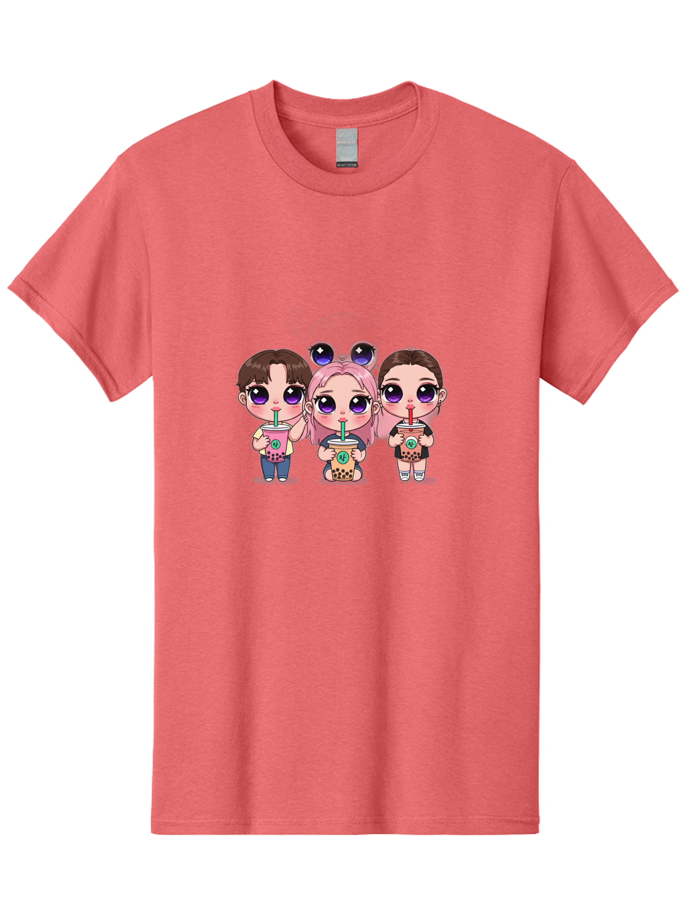 Chibi-Friends Men'S Graphic Tee, 100% Cotton, Comfortable Casual Summer Wear, Machine Washable, Chibi Style, Kawaii Characters, Boba Tea, Bubble Tea Cups, Cartoon Friends, Anime Characters, Cute Accessories, Adorable Illustrations, Bab734