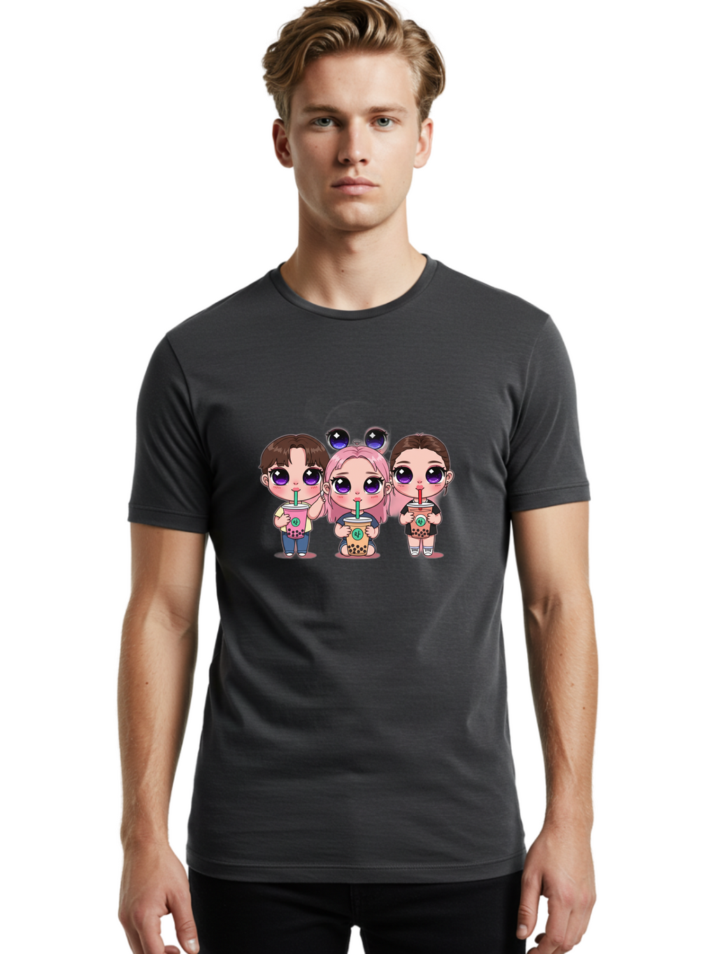 Chibi-Friends Men'S Graphic Tee, 100% Cotton, Comfortable Casual Summer Wear, Machine Washable, Chibi Style, Kawaii Characters, Boba Tea, Bubble Tea Cups, Cartoon Friends, Anime Characters, Cute Accessories, Adorable Illustrations, Bab734