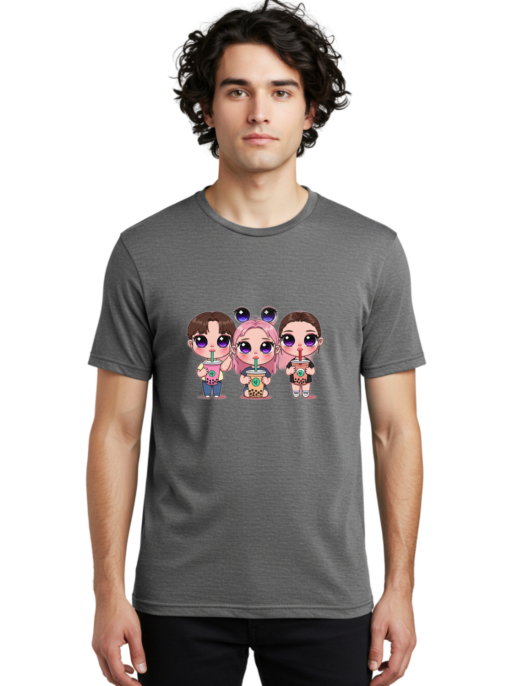 Chibi-Friends Men'S Graphic Tee, 100% Cotton, Comfortable Casual Summer Wear, Machine Washable, Chibi Style, Kawaii Characters, Boba Tea, Bubble Tea Cups, Cartoon Friends, Anime Characters, Cute Accessories, Adorable Illustrations, Bab734