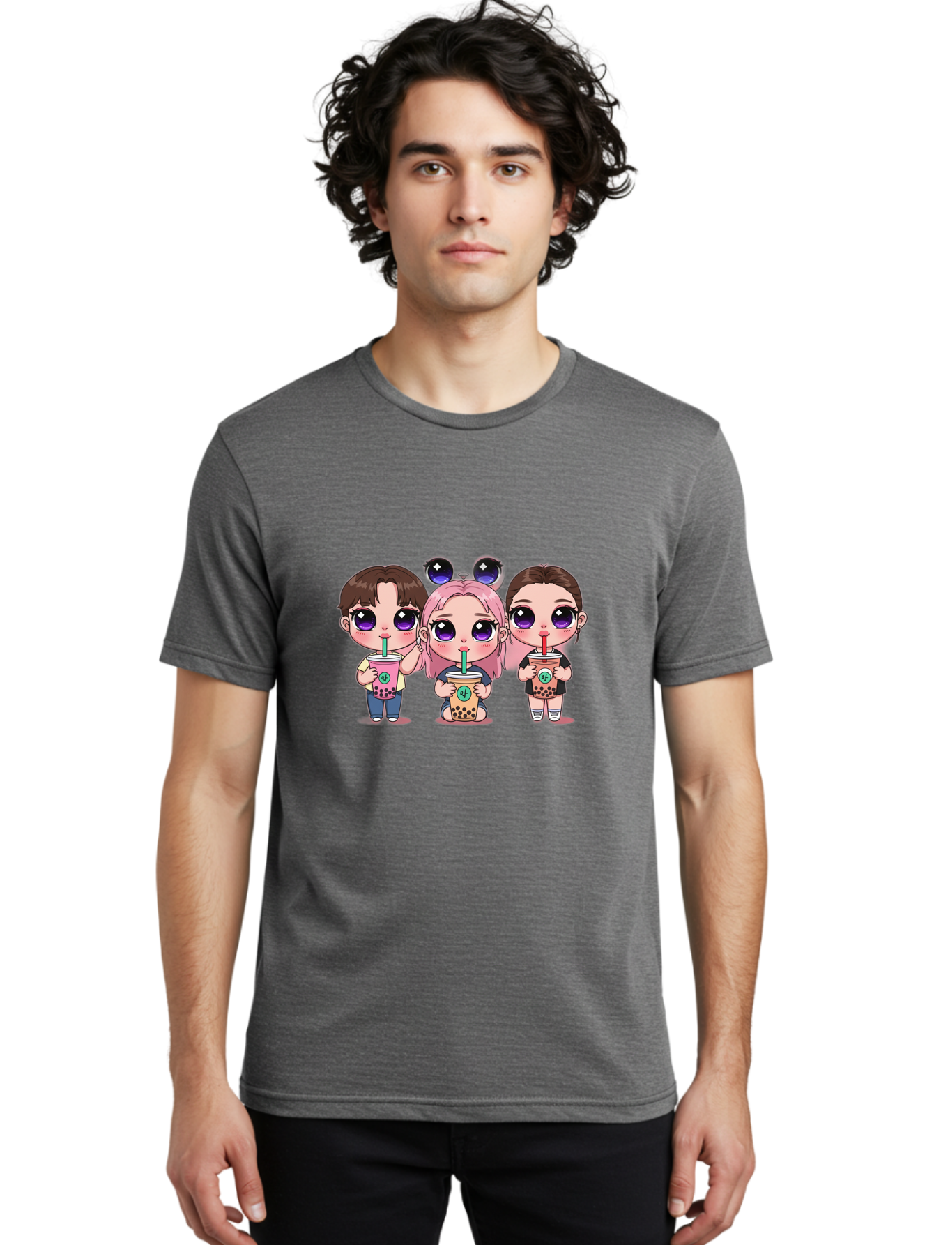 Chibi-Friends Men'S Graphic Tee, 100% Cotton, Comfortable Casual Summer Wear, Machine Washable, Chibi Style, Kawaii Characters, Boba Tea, Bubble Tea Cups, Cartoon Friends, Anime Characters, Cute Accessories, Adorable Illustrations, Bab734