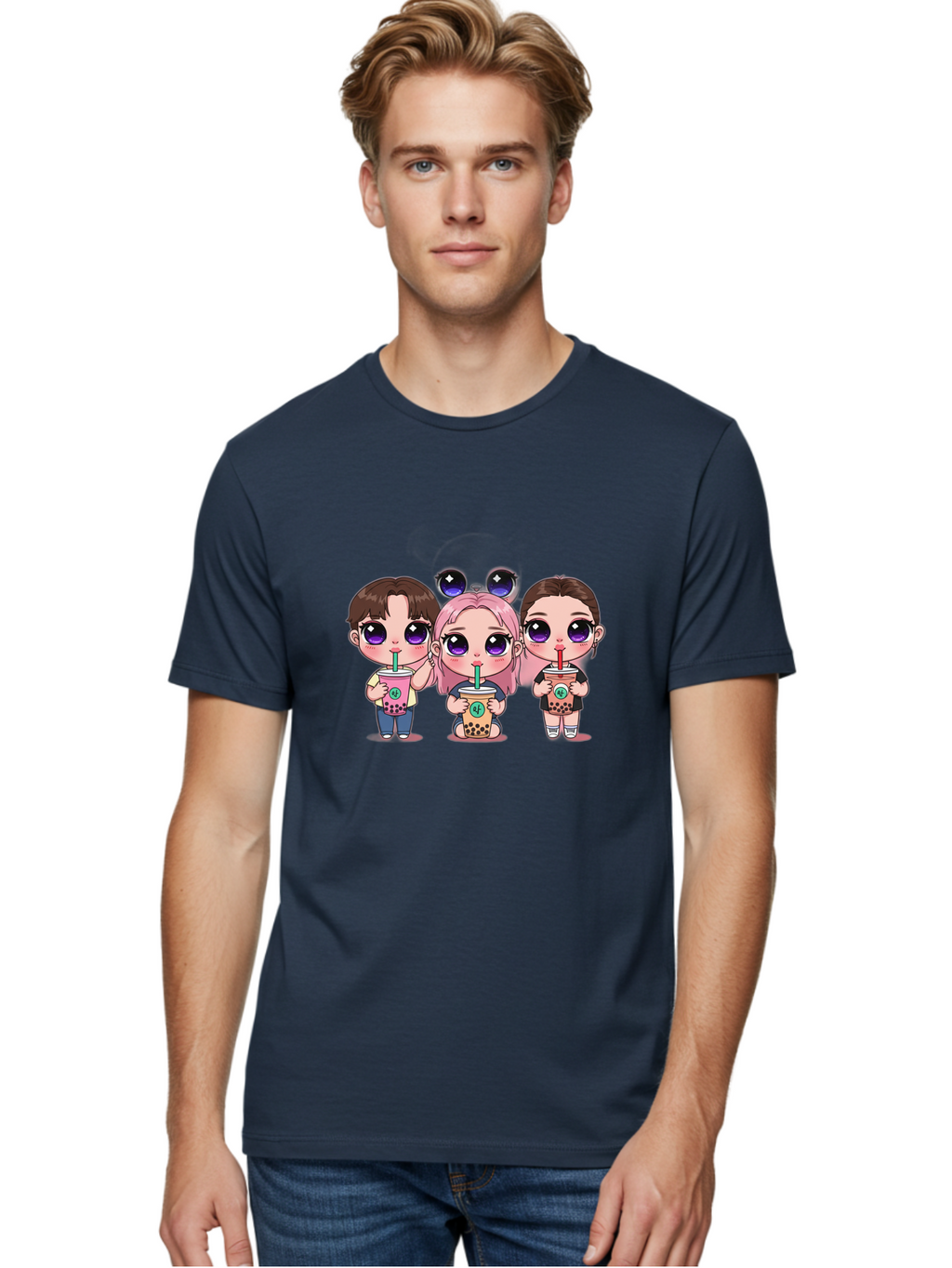 Chibi-Friends Men'S Graphic Tee, 100% Cotton, Comfortable Casual Summer Wear, Machine Washable, Chibi Style, Kawaii Characters, Boba Tea, Bubble Tea Cups, Cartoon Friends, Anime Characters, Cute Accessories, Adorable Illustrations, Bab734