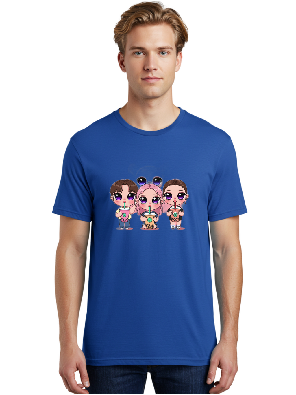 Chibi-Friends Men'S Graphic Tee, 100% Cotton, Comfortable Casual Summer Wear, Machine Washable, Chibi Style, Kawaii Characters, Boba Tea, Bubble Tea Cups, Cartoon Friends, Anime Characters, Cute Accessories, Adorable Illustrations, Bab734