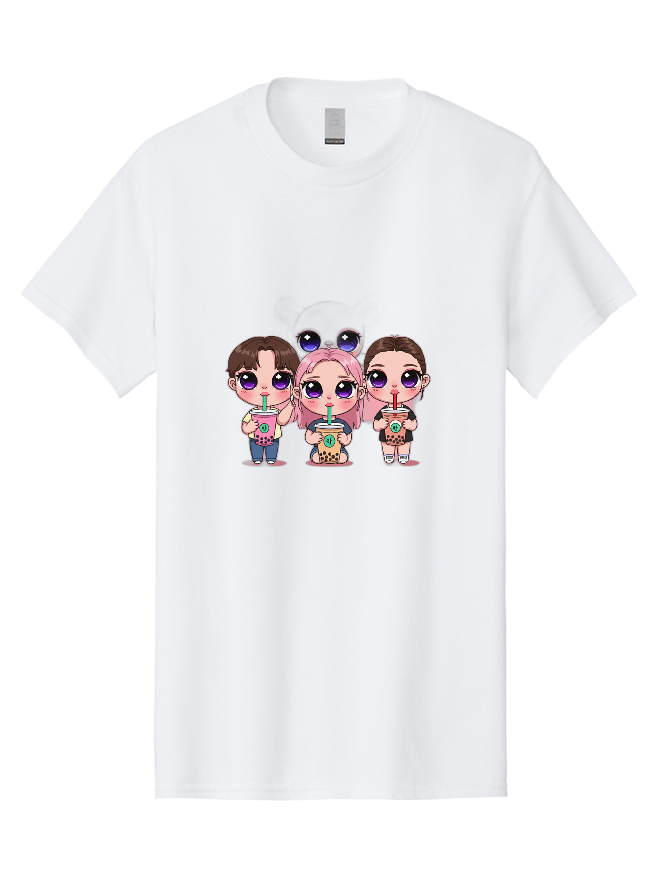 Chibi-Friends Men'S Graphic Tee, 100% Cotton, Comfortable Casual Summer Wear, Machine Washable, Chibi Style, Kawaii Characters, Boba Tea, Bubble Tea Cups, Cartoon Friends, Anime Characters, Cute Accessories, Adorable Illustrations, Bab734