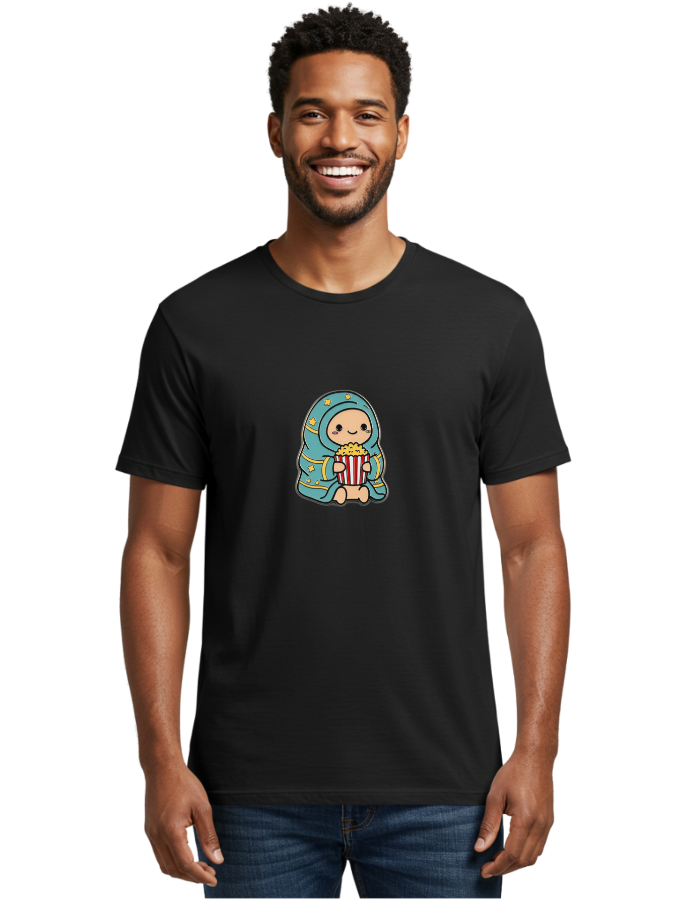 Child-With-Popcorn Men'S Graphic Tee, 100% Cotton, Comfortable Casual Summer Wear, Machine Washable, Cartoon Character, Blue Hijab, Yellow Stars, Smiling Face, Red And White Popcorn Bucket, Yellow Popcorn, Cinematic Experience, Bab735