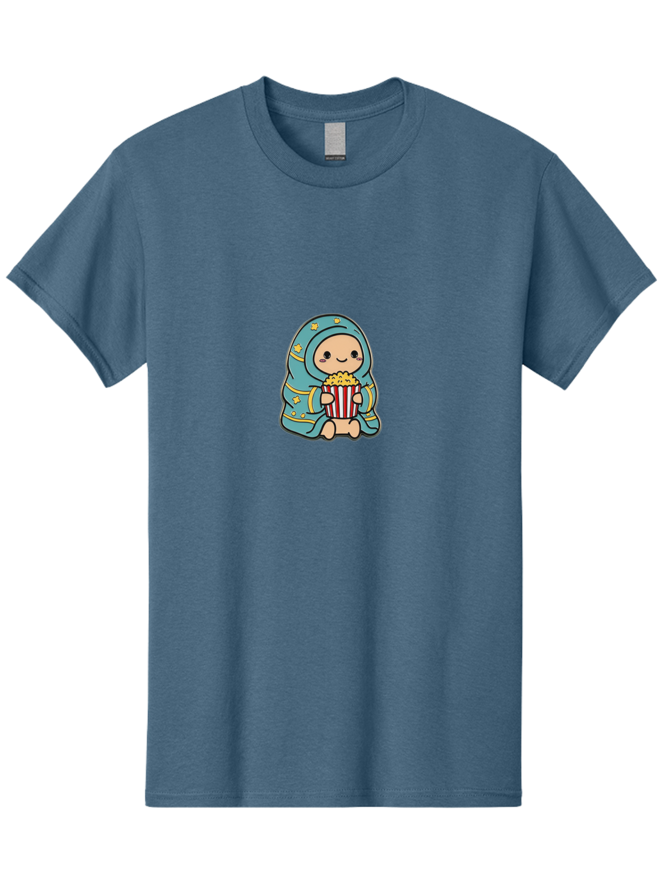 Child-With-Popcorn Men'S Graphic Tee, 100% Cotton, Comfortable Casual Summer Wear, Machine Washable, Cartoon Character, Blue Hijab, Yellow Stars, Smiling Face, Red And White Popcorn Bucket, Yellow Popcorn, Cinematic Experience, Bab735