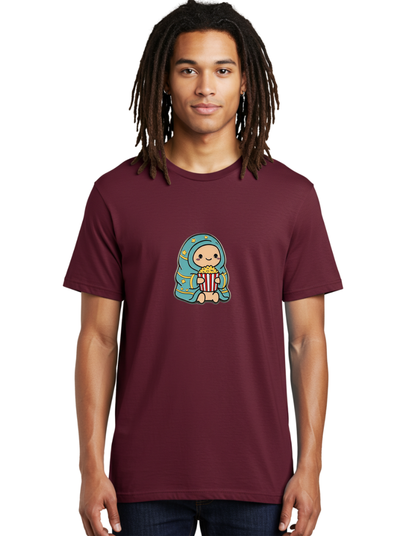 Child-With-Popcorn Men'S Graphic Tee, 100% Cotton, Comfortable Casual Summer Wear, Machine Washable, Cartoon Character, Blue Hijab, Yellow Stars, Smiling Face, Red And White Popcorn Bucket, Yellow Popcorn, Cinematic Experience, Bab735