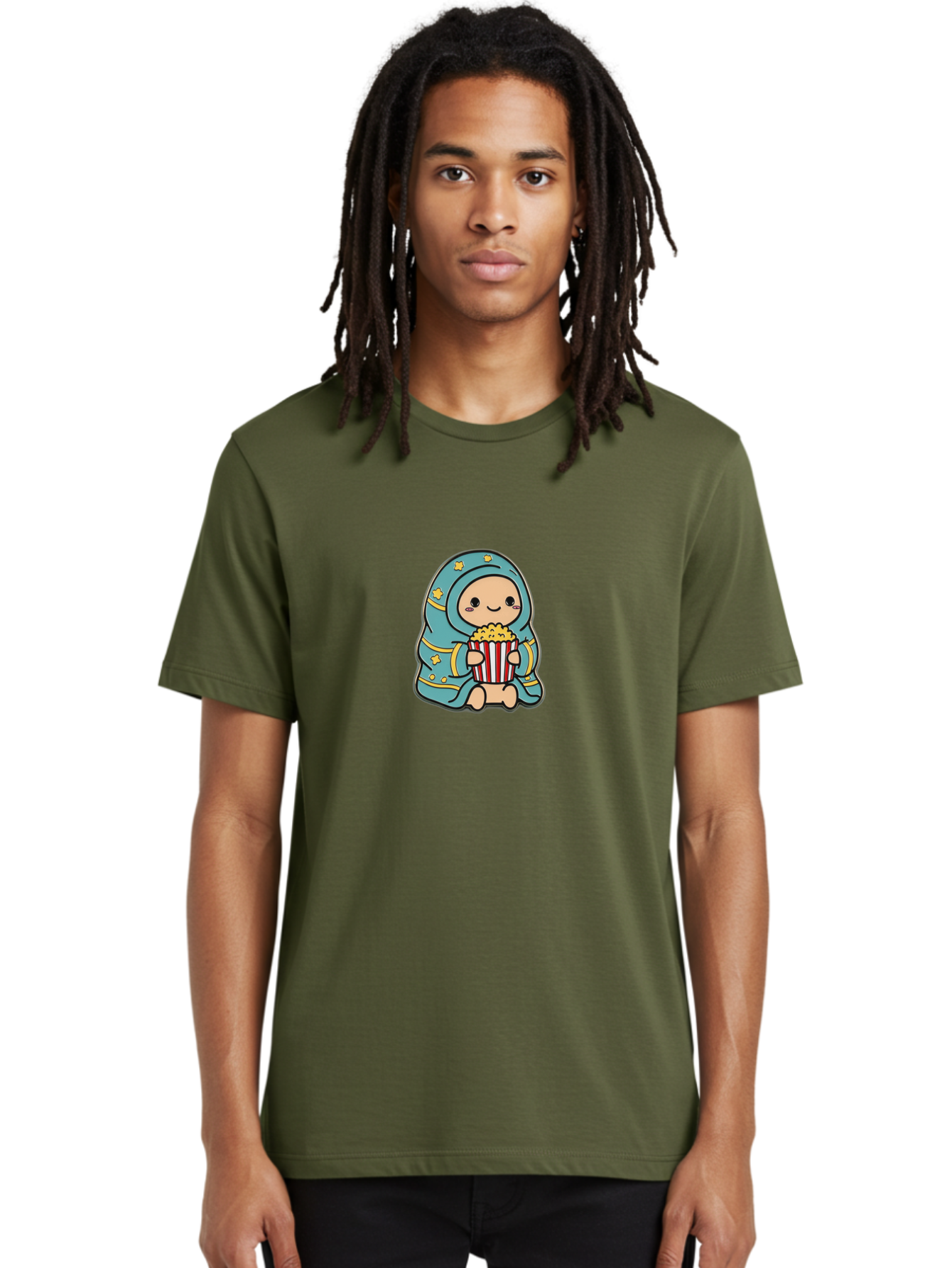 Child-With-Popcorn Men'S Graphic Tee, 100% Cotton, Comfortable Casual Summer Wear, Machine Washable, Cartoon Character, Blue Hijab, Yellow Stars, Smiling Face, Red And White Popcorn Bucket, Yellow Popcorn, Cinematic Experience, Bab735