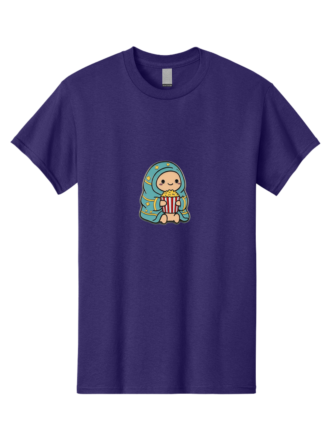 Child-With-Popcorn Men'S Graphic Tee, 100% Cotton, Comfortable Casual Summer Wear, Machine Washable, Cartoon Character, Blue Hijab, Yellow Stars, Smiling Face, Red And White Popcorn Bucket, Yellow Popcorn, Cinematic Experience, Bab735