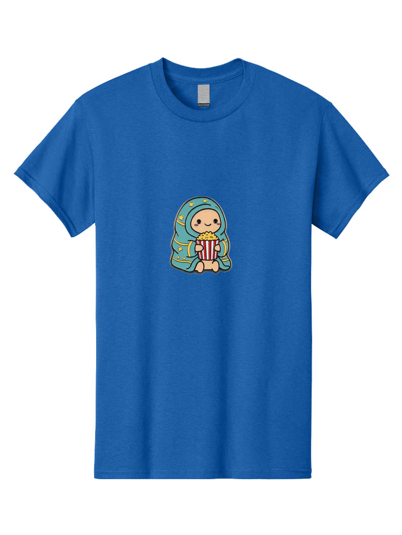 Child-With-Popcorn Men'S Graphic Tee, 100% Cotton, Comfortable Casual Summer Wear, Machine Washable, Cartoon Character, Blue Hijab, Yellow Stars, Smiling Face, Red And White Popcorn Bucket, Yellow Popcorn, Cinematic Experience, Bab735
