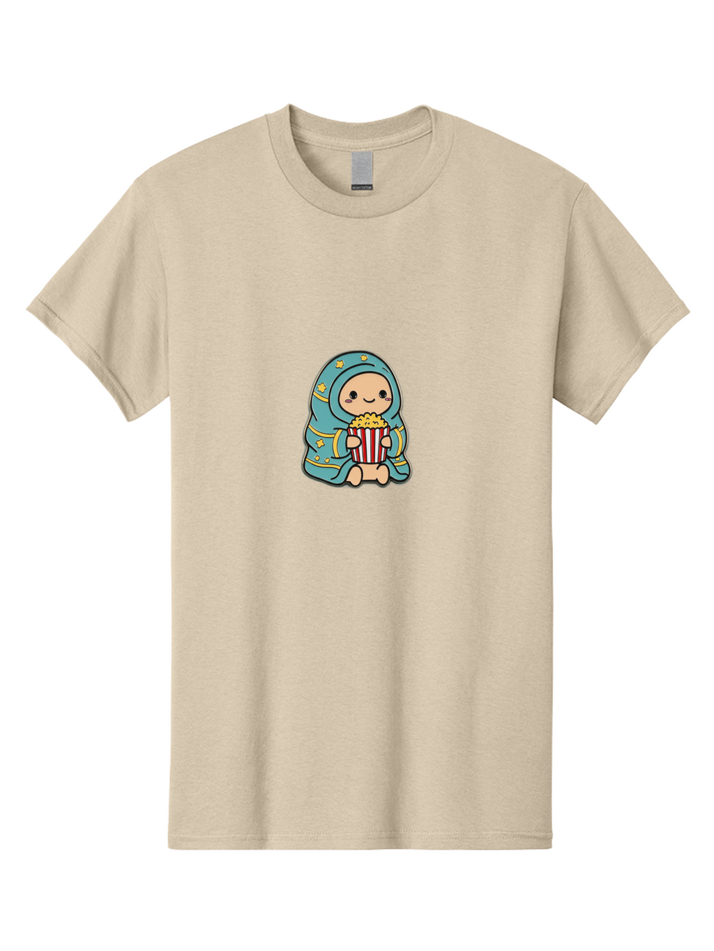 Child-With-Popcorn Men'S Graphic Tee, 100% Cotton, Comfortable Casual Summer Wear, Machine Washable, Cartoon Character, Blue Hijab, Yellow Stars, Smiling Face, Red And White Popcorn Bucket, Yellow Popcorn, Cinematic Experience, Bab735