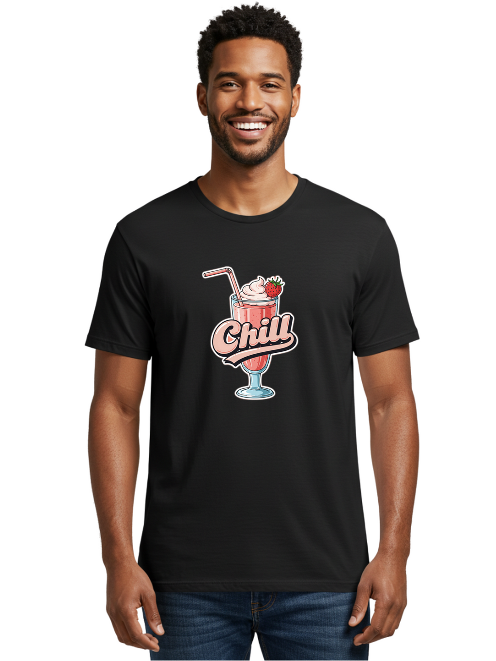 Chill Men'S Graphic Tee, 100% Cotton, Comfortable Casual Summer Wear, Machine Washable, Strawberry Milkshake, Chilled Dessert, Whipped Cream, Pink Straw, Relaxing Beverage, Summertime Treat, Sweet Indulgence, Chill Vibes, Refreshing Drink, Bab736