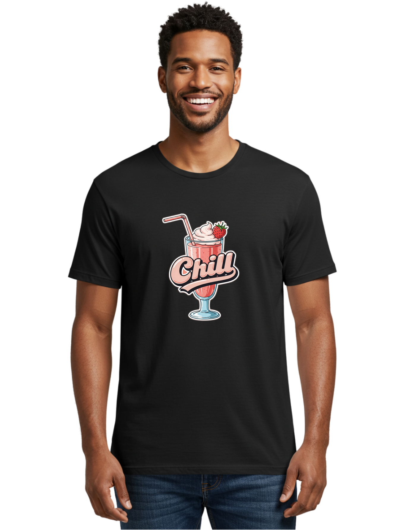 Chill Men'S Graphic Tee, 100% Cotton, Comfortable Casual Summer Wear, Machine Washable, Strawberry Milkshake, Chilled Dessert, Whipped Cream, Pink Straw, Relaxing Beverage, Summertime Treat, Sweet Indulgence, Chill Vibes, Refreshing Drink, Bab736