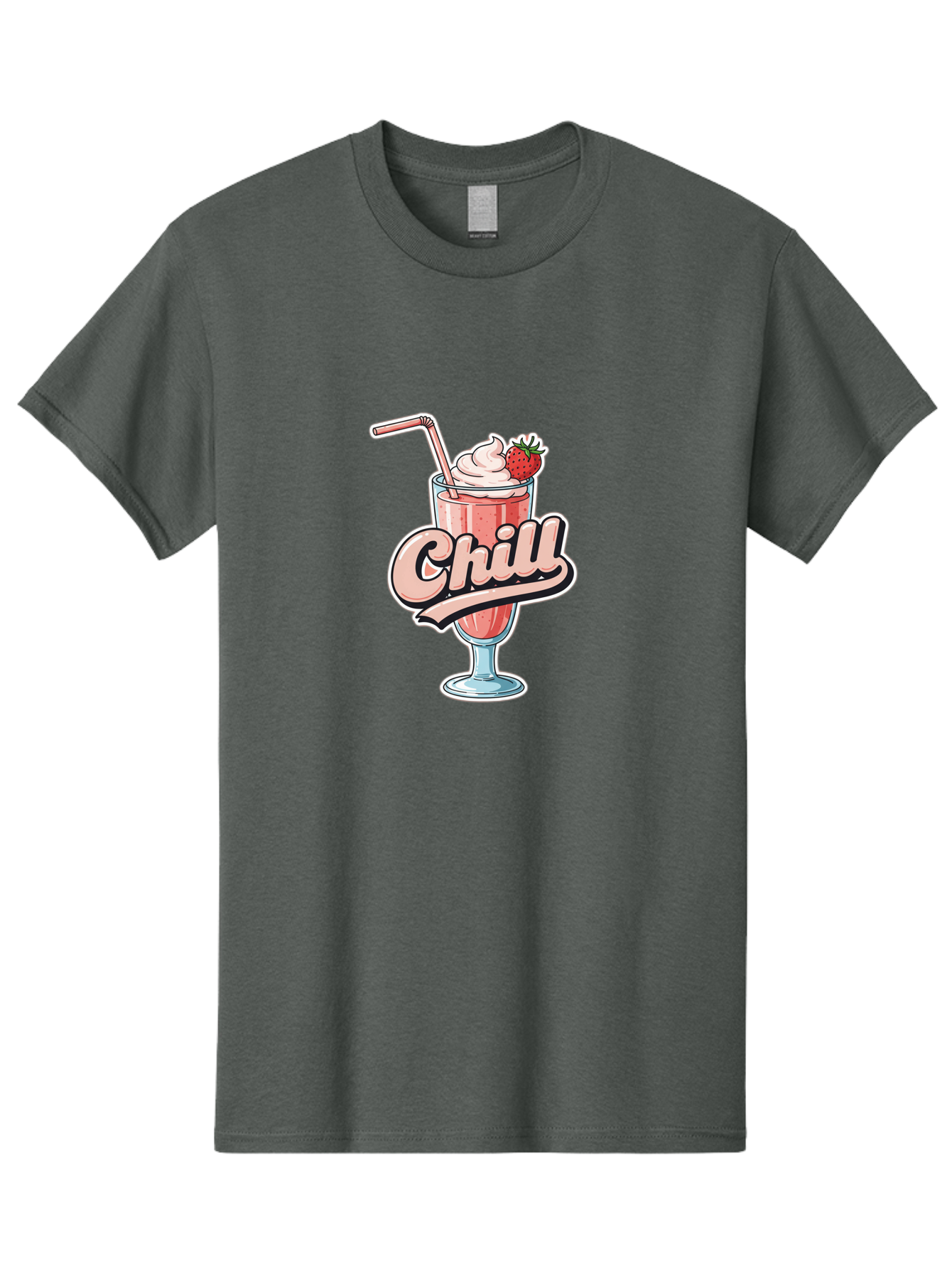 Chill Men'S Graphic Tee, 100% Cotton, Comfortable Casual Summer Wear, Machine Washable, Strawberry Milkshake, Chilled Dessert, Whipped Cream, Pink Straw, Relaxing Beverage, Summertime Treat, Sweet Indulgence, Chill Vibes, Refreshing Drink, Bab736