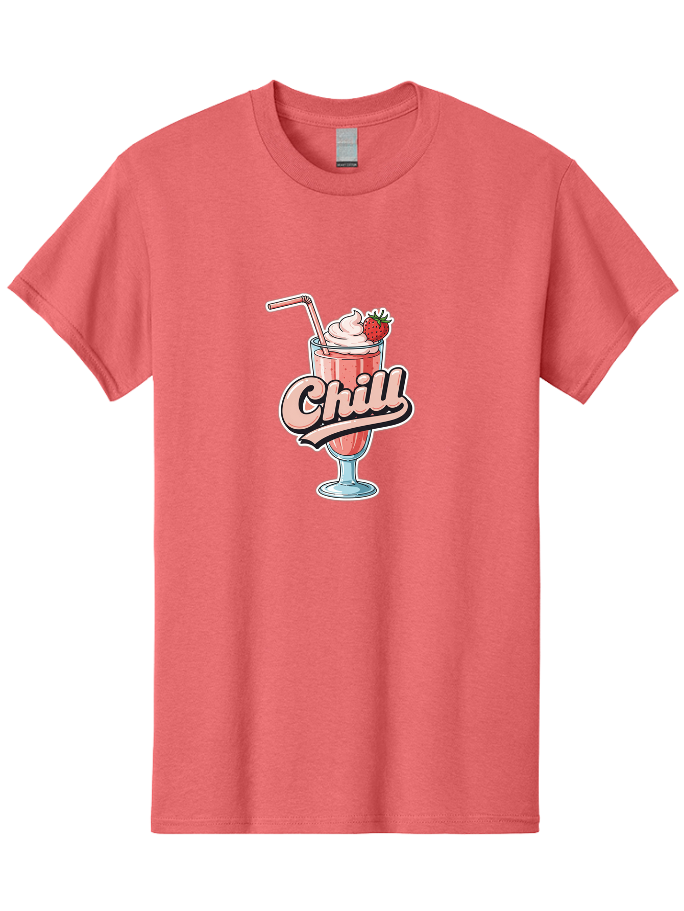 Chill Men'S Graphic Tee, 100% Cotton, Comfortable Casual Summer Wear, Machine Washable, Strawberry Milkshake, Chilled Dessert, Whipped Cream, Pink Straw, Relaxing Beverage, Summertime Treat, Sweet Indulgence, Chill Vibes, Refreshing Drink, Bab736