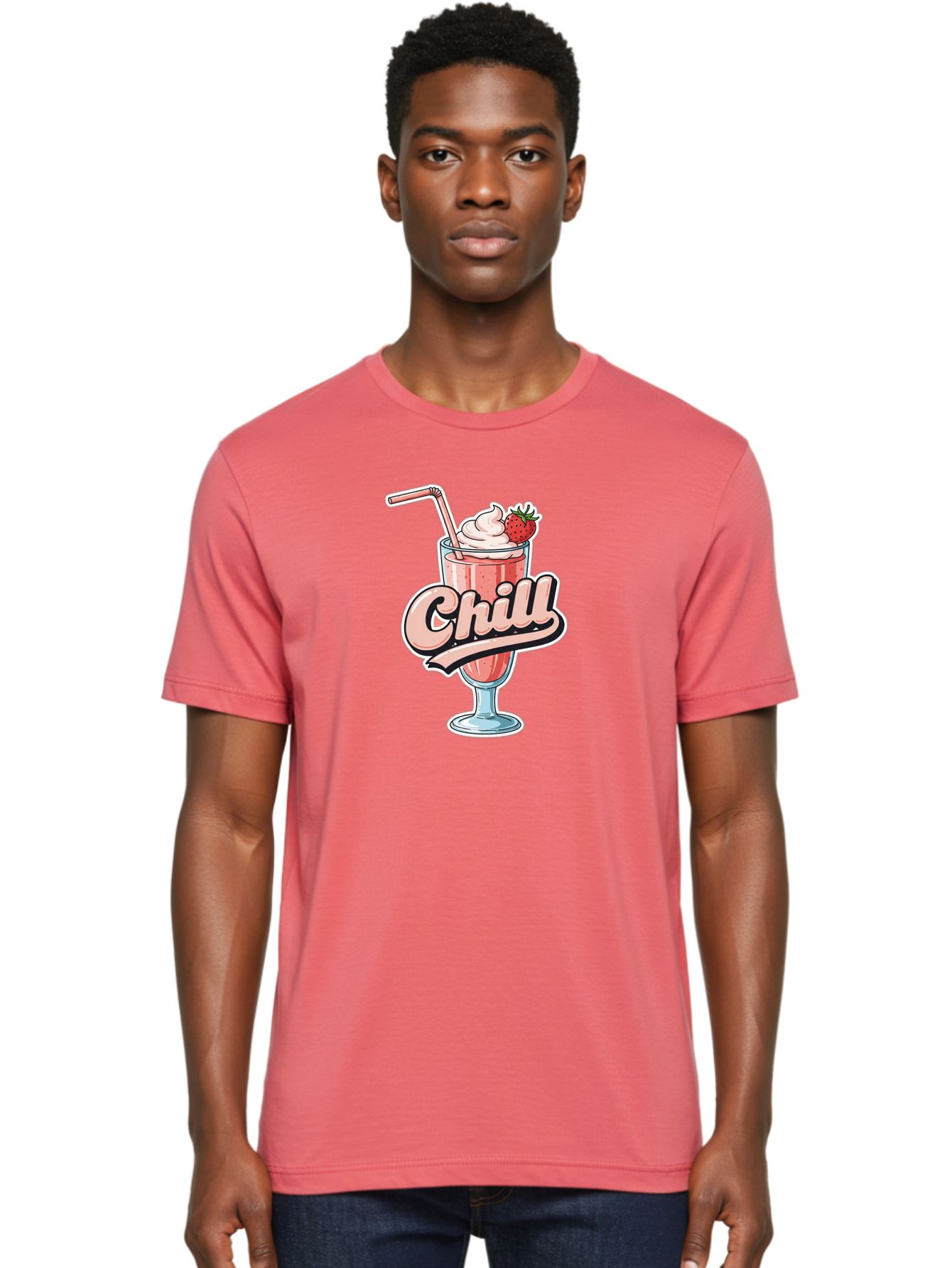 Chill Men'S Graphic Tee, 100% Cotton, Comfortable Casual Summer Wear, Machine Washable, Strawberry Milkshake, Chilled Dessert, Whipped Cream, Pink Straw, Relaxing Beverage, Summertime Treat, Sweet Indulgence, Chill Vibes, Refreshing Drink, Bab736