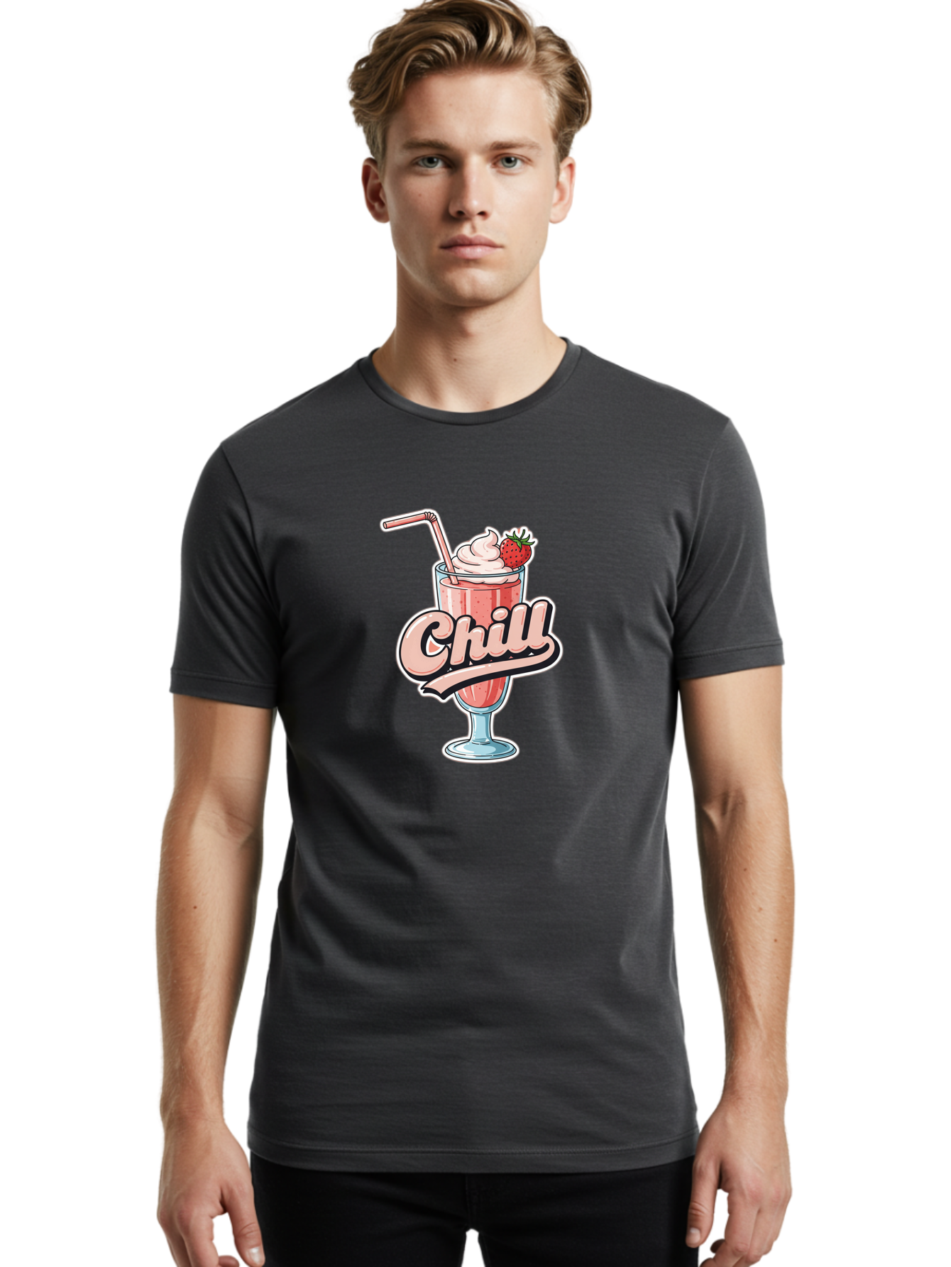 Chill Men'S Graphic Tee, 100% Cotton, Comfortable Casual Summer Wear, Machine Washable, Strawberry Milkshake, Chilled Dessert, Whipped Cream, Pink Straw, Relaxing Beverage, Summertime Treat, Sweet Indulgence, Chill Vibes, Refreshing Drink, Bab736