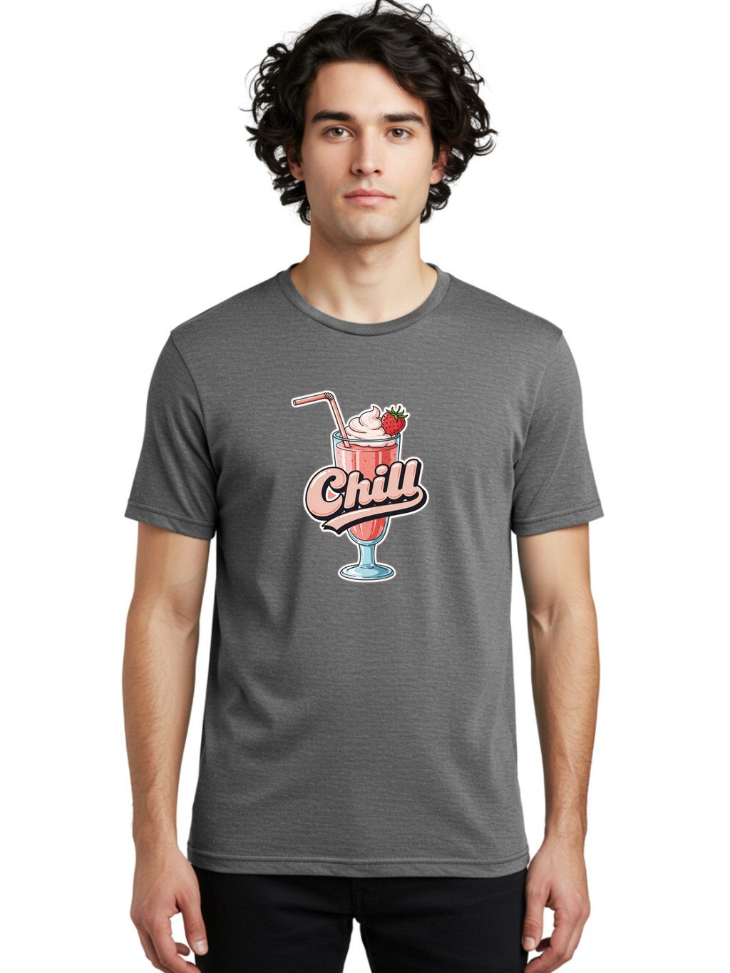 Chill Men'S Graphic Tee, 100% Cotton, Comfortable Casual Summer Wear, Machine Washable, Strawberry Milkshake, Chilled Dessert, Whipped Cream, Pink Straw, Relaxing Beverage, Summertime Treat, Sweet Indulgence, Chill Vibes, Refreshing Drink, Bab736
