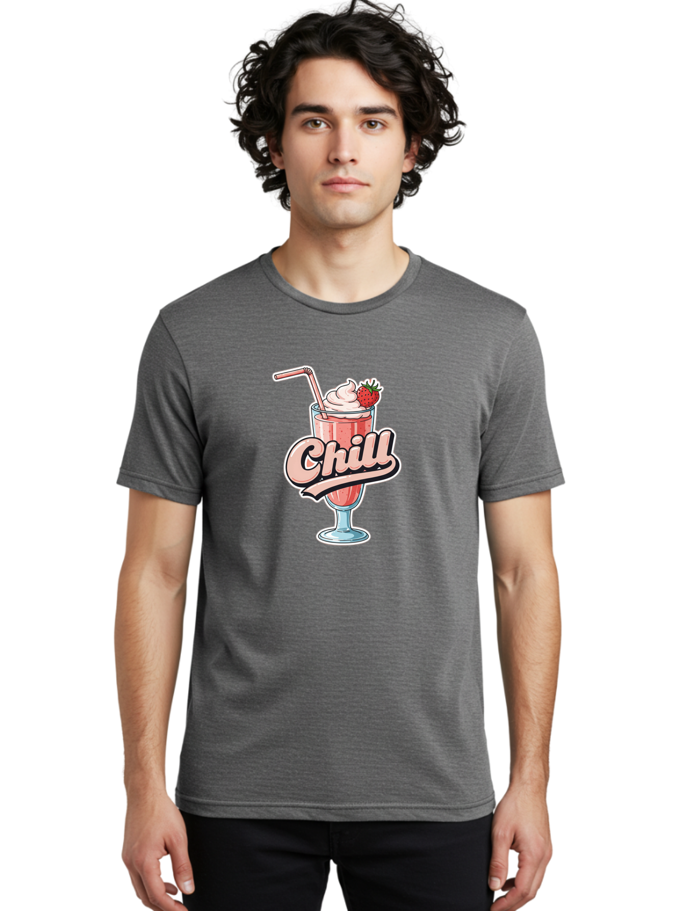 Chill Men'S Graphic Tee, 100% Cotton, Comfortable Casual Summer Wear, Machine Washable, Strawberry Milkshake, Chilled Dessert, Whipped Cream, Pink Straw, Relaxing Beverage, Summertime Treat, Sweet Indulgence, Chill Vibes, Refreshing Drink, Bab736