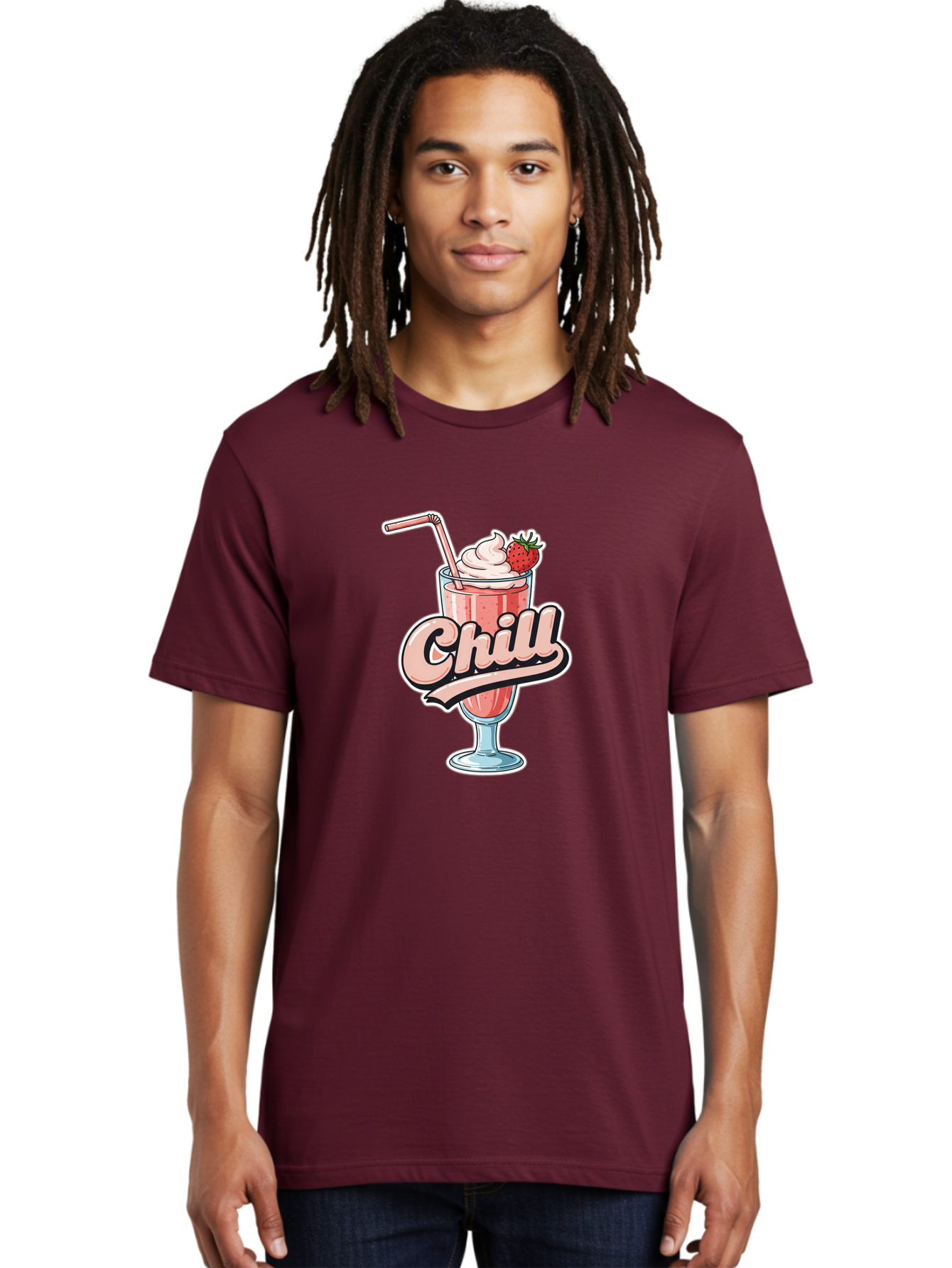 Chill Men'S Graphic Tee, 100% Cotton, Comfortable Casual Summer Wear, Machine Washable, Strawberry Milkshake, Chilled Dessert, Whipped Cream, Pink Straw, Relaxing Beverage, Summertime Treat, Sweet Indulgence, Chill Vibes, Refreshing Drink, Bab736