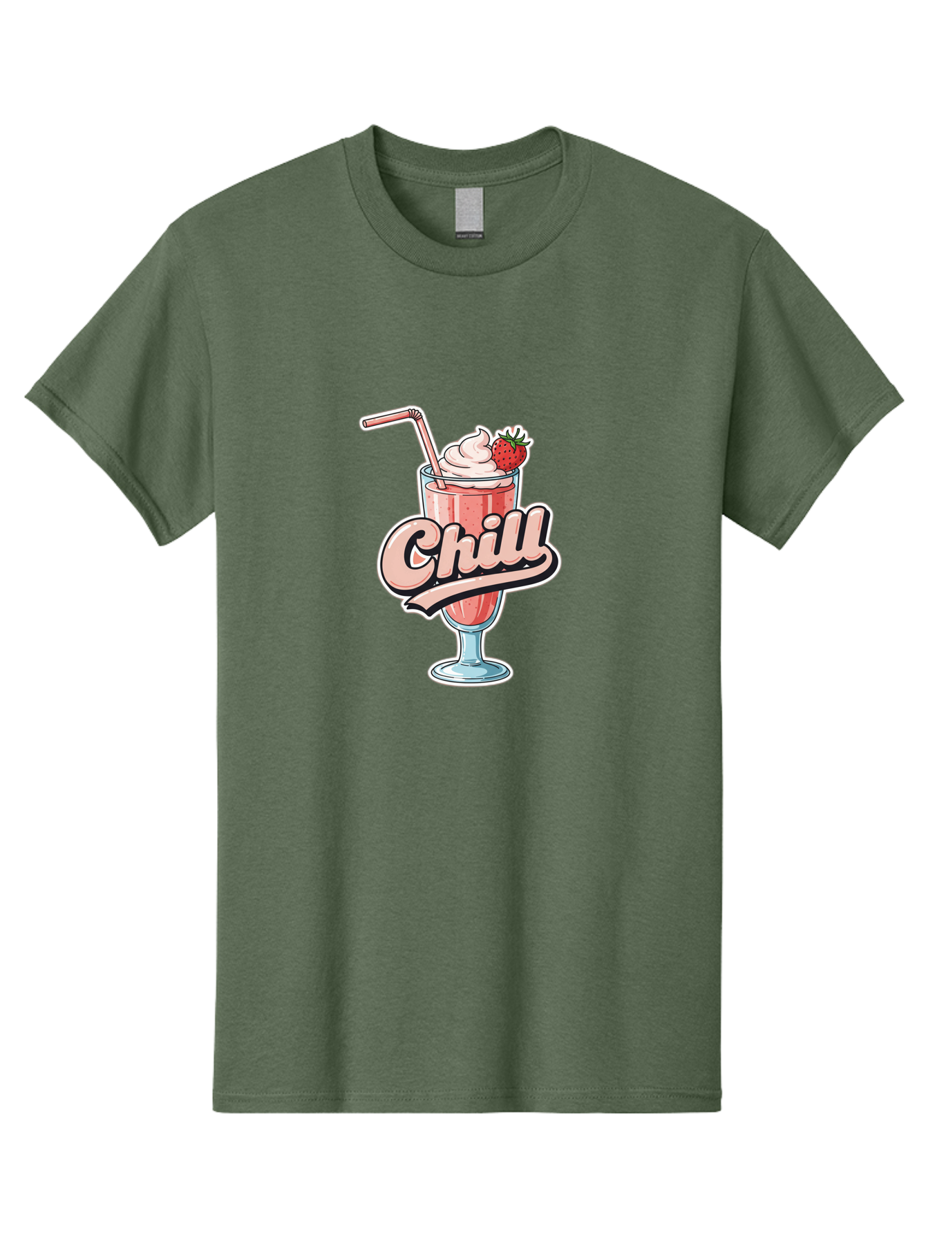 Chill Men'S Graphic Tee, 100% Cotton, Comfortable Casual Summer Wear, Machine Washable, Strawberry Milkshake, Chilled Dessert, Whipped Cream, Pink Straw, Relaxing Beverage, Summertime Treat, Sweet Indulgence, Chill Vibes, Refreshing Drink, Bab736