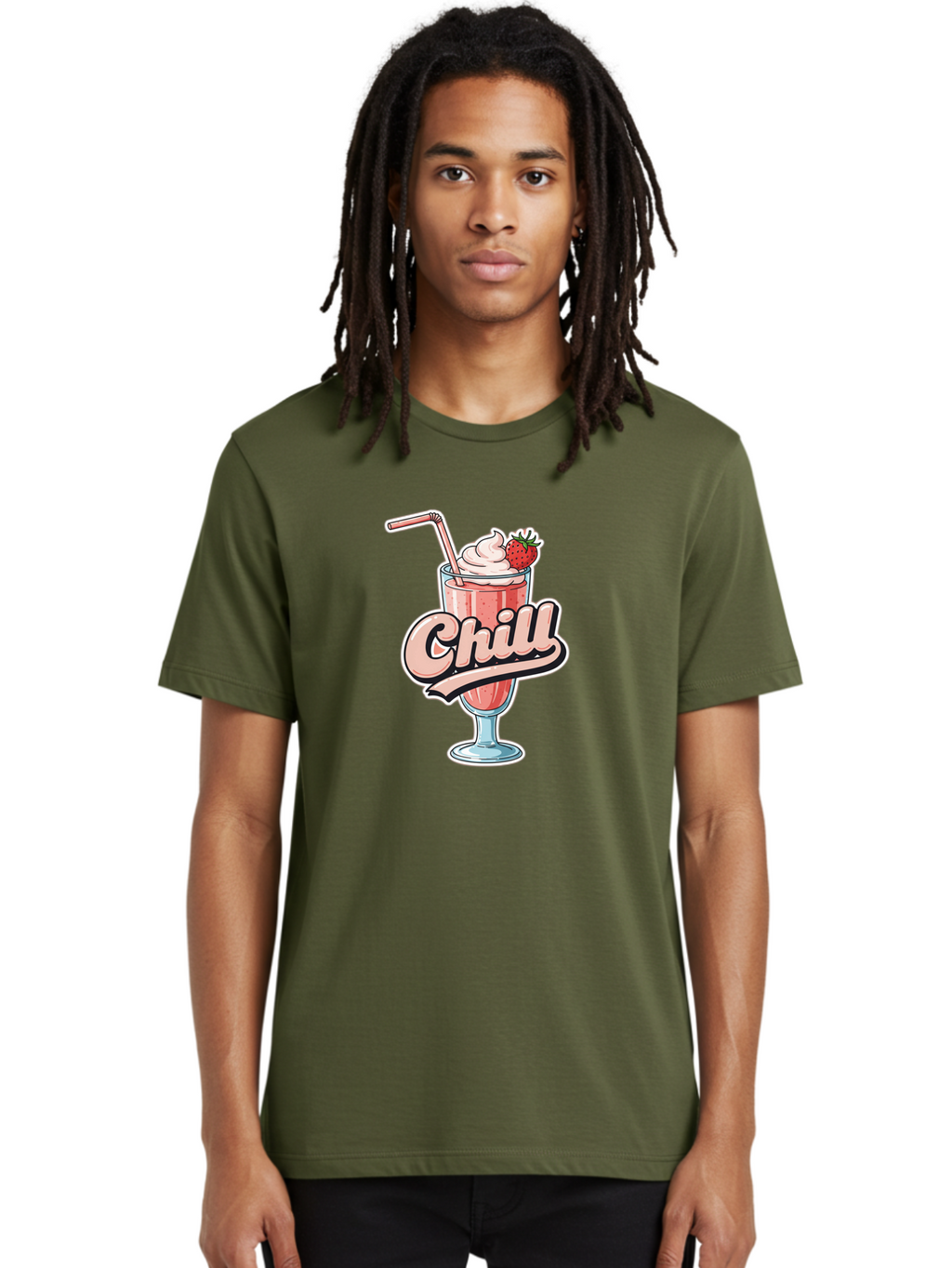 Chill Men'S Graphic Tee, 100% Cotton, Comfortable Casual Summer Wear, Machine Washable, Strawberry Milkshake, Chilled Dessert, Whipped Cream, Pink Straw, Relaxing Beverage, Summertime Treat, Sweet Indulgence, Chill Vibes, Refreshing Drink, Bab736