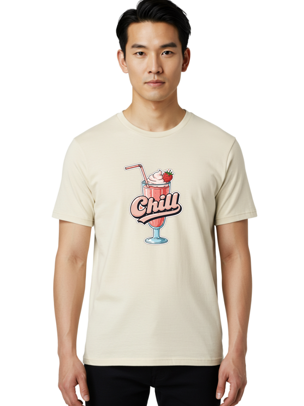 Chill Men'S Graphic Tee, 100% Cotton, Comfortable Casual Summer Wear, Machine Washable, Strawberry Milkshake, Chilled Dessert, Whipped Cream, Pink Straw, Relaxing Beverage, Summertime Treat, Sweet Indulgence, Chill Vibes, Refreshing Drink, Bab736