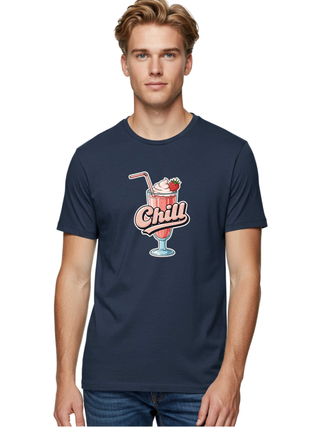 Chill Men'S Graphic Tee, 100% Cotton, Comfortable Casual Summer Wear, Machine Washable, Strawberry Milkshake, Chilled Dessert, Whipped Cream, Pink Straw, Relaxing Beverage, Summertime Treat, Sweet Indulgence, Chill Vibes, Refreshing Drink, Bab736
