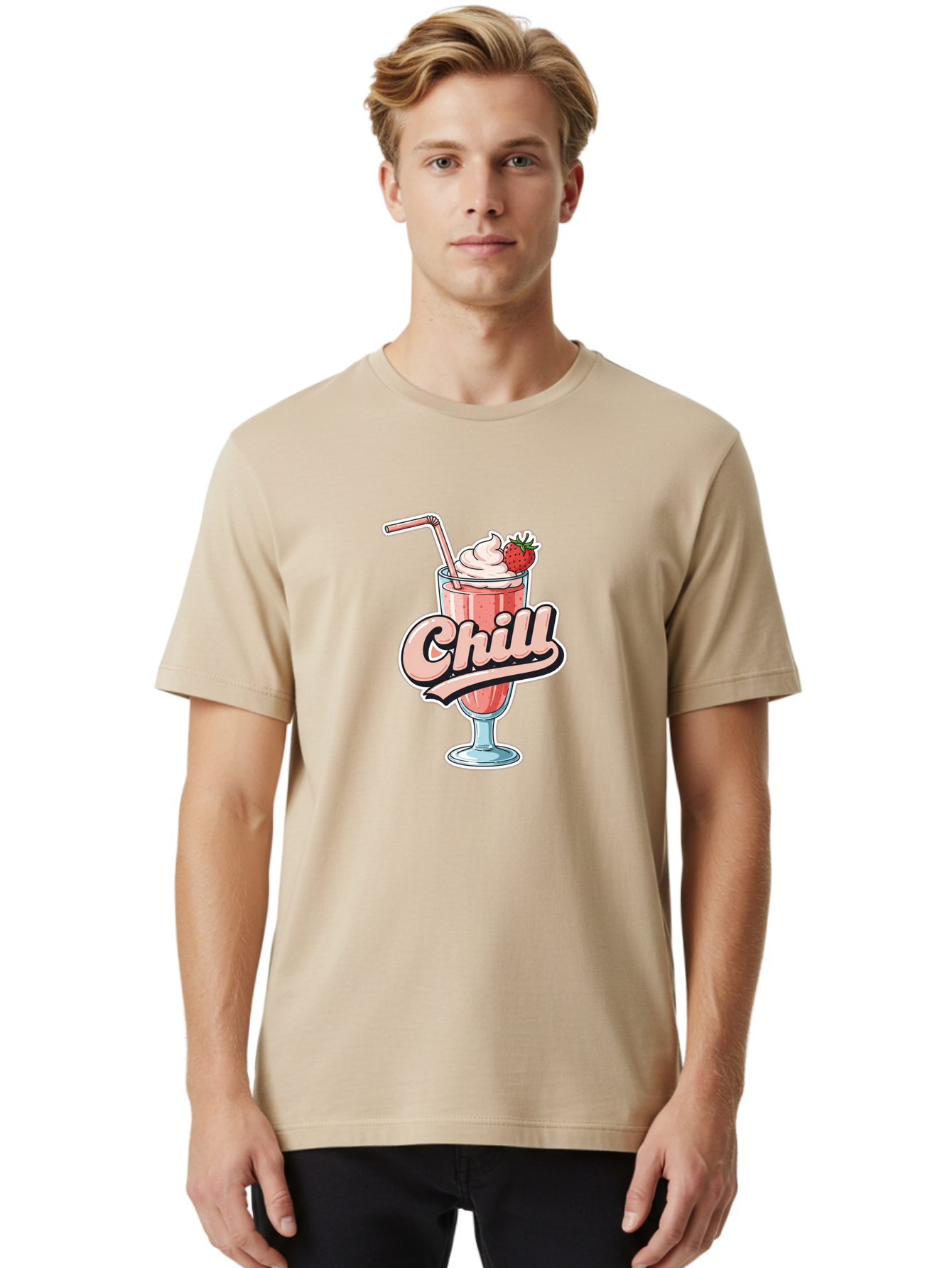 Chill Men'S Graphic Tee, 100% Cotton, Comfortable Casual Summer Wear, Machine Washable, Strawberry Milkshake, Chilled Dessert, Whipped Cream, Pink Straw, Relaxing Beverage, Summertime Treat, Sweet Indulgence, Chill Vibes, Refreshing Drink, Bab736
