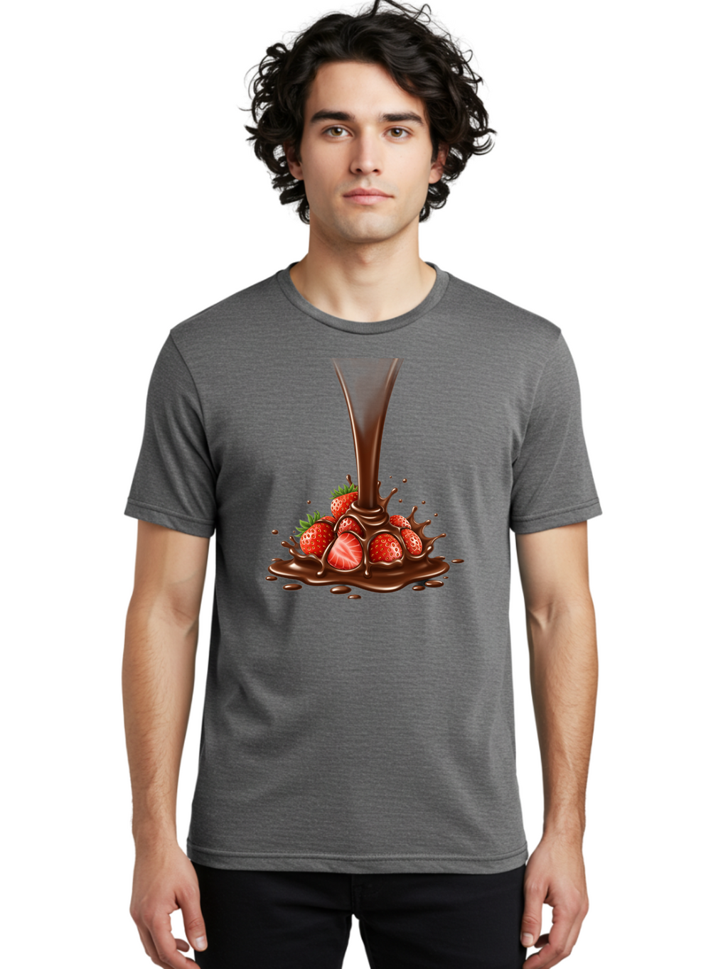 Chocolate-And-Strawberries Men'S Graphic Tee, 100% Cotton, Comfortable Casual Summer Wear, Machine Washable, Chocolate Sauce Pouring, Strawberries, Sweet Treat, Dessert, Indulgent, Chocolate Fondue, Strawberries And Chocolate, Dessert Lover, Bab737
