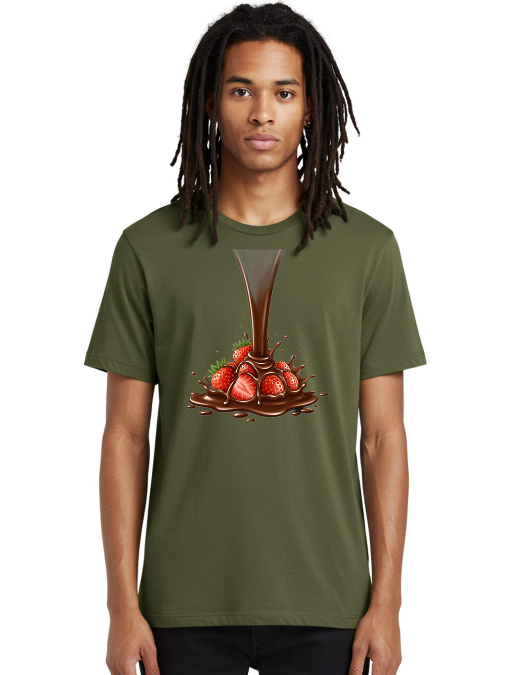 Chocolate-And-Strawberries Men'S Graphic Tee, 100% Cotton, Comfortable Casual Summer Wear, Machine Washable, Chocolate Sauce Pouring, Strawberries, Sweet Treat, Dessert, Indulgent, Chocolate Fondue, Strawberries And Chocolate, Dessert Lover, Bab737