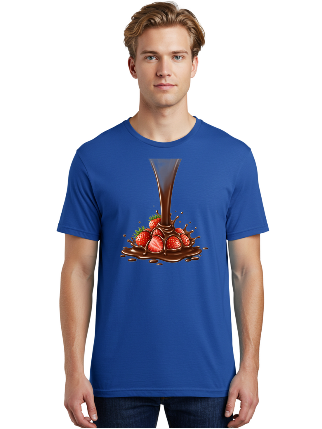 Chocolate-And-Strawberries Men'S Graphic Tee, 100% Cotton, Comfortable Casual Summer Wear, Machine Washable, Chocolate Sauce Pouring, Strawberries, Sweet Treat, Dessert, Indulgent, Chocolate Fondue, Strawberries And Chocolate, Dessert Lover, Bab737