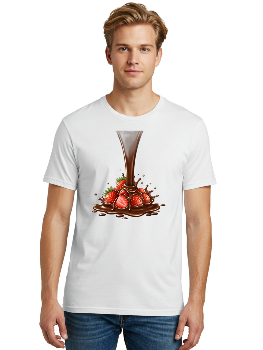 Chocolate-And-Strawberries Men'S Graphic Tee, 100% Cotton, Comfortable Casual Summer Wear, Machine Washable, Chocolate Sauce Pouring, Strawberries, Sweet Treat, Dessert, Indulgent, Chocolate Fondue, Strawberries And Chocolate, Dessert Lover, Bab737