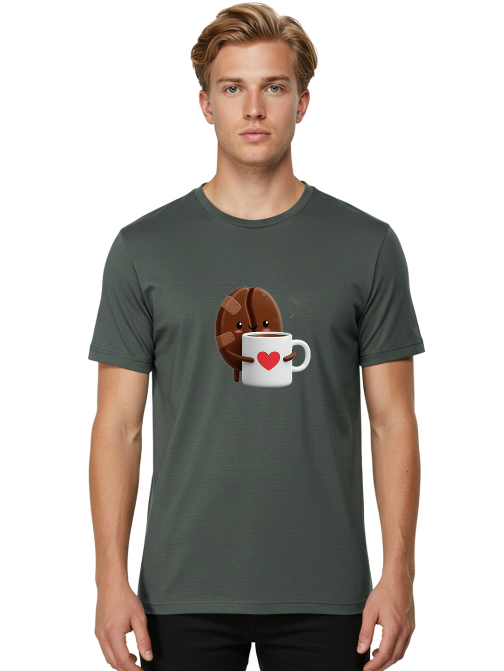 Chocolate-Cookie-Hugging-Coffee-Mug-1 Men'S Graphic Tee, 100% Cotton, Comfortable Casual Summer Wear, Machine Washable, Chocolate Cookie, Cartoon Cookie, Coffee Mug, Heart Design, Cute Illustration, Coffee Break, Bandaged Cookie, Happy Face, Bab738