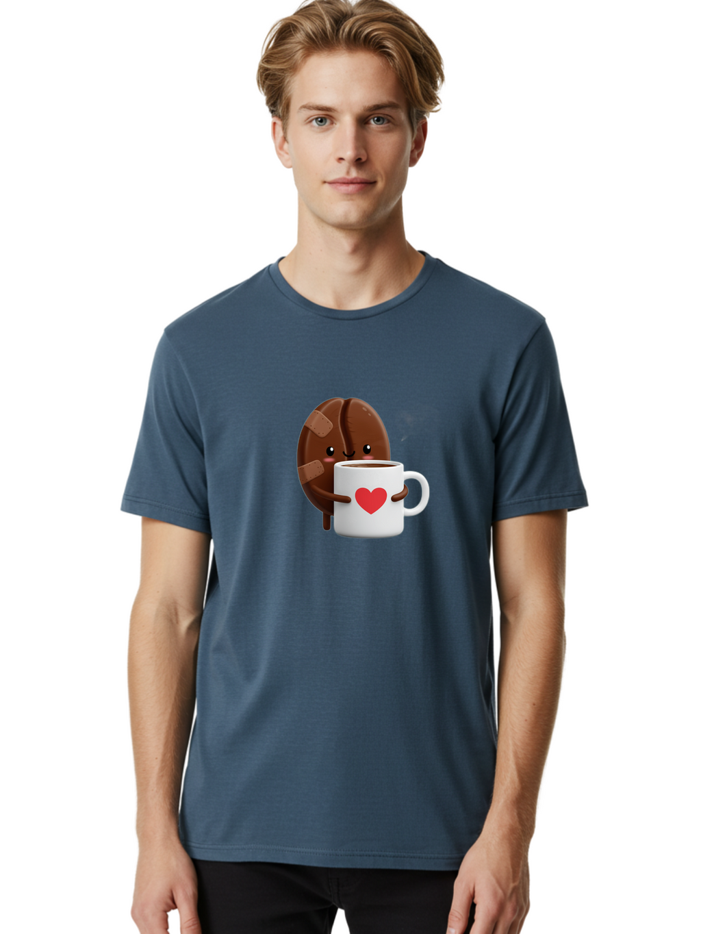 Chocolate-Cookie-Hugging-Coffee-Mug-1 Men'S Graphic Tee, 100% Cotton, Comfortable Casual Summer Wear, Machine Washable, Chocolate Cookie, Cartoon Cookie, Coffee Mug, Heart Design, Cute Illustration, Coffee Break, Bandaged Cookie, Happy Face, Bab738