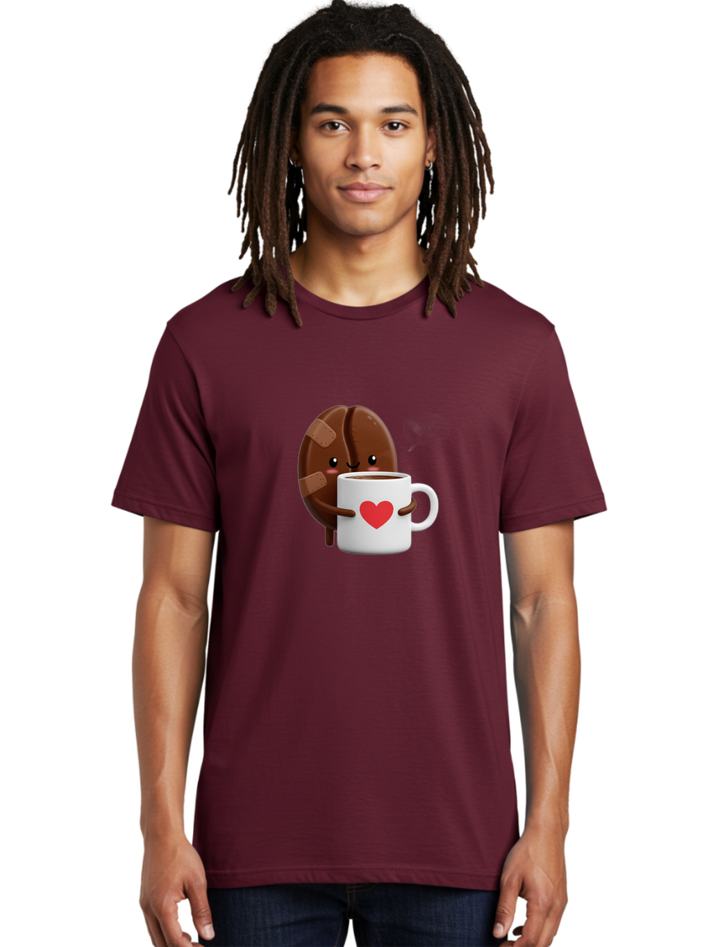 Chocolate-Cookie-Hugging-Coffee-Mug-1 Men'S Graphic Tee, 100% Cotton, Comfortable Casual Summer Wear, Machine Washable, Chocolate Cookie, Cartoon Cookie, Coffee Mug, Heart Design, Cute Illustration, Coffee Break, Bandaged Cookie, Happy Face, Bab738