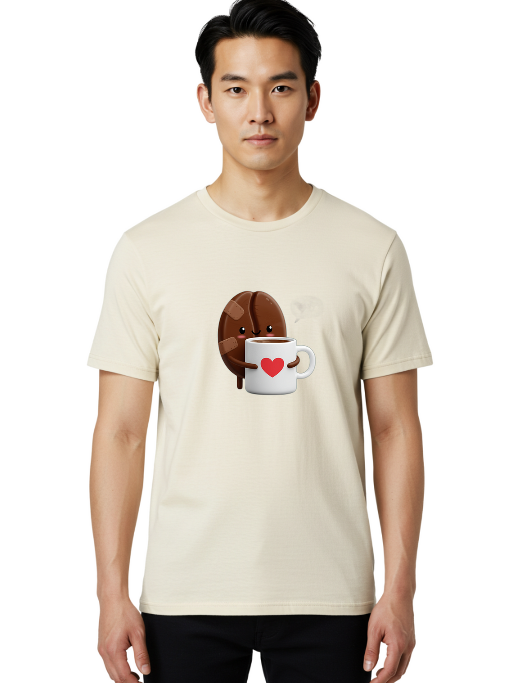 Chocolate-Cookie-Hugging-Coffee-Mug-1 Men'S Graphic Tee, 100% Cotton, Comfortable Casual Summer Wear, Machine Washable, Chocolate Cookie, Cartoon Cookie, Coffee Mug, Heart Design, Cute Illustration, Coffee Break, Bandaged Cookie, Happy Face, Bab738