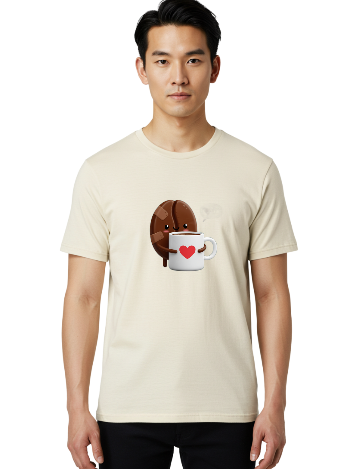Chocolate-Cookie-Hugging-Coffee-Mug-1 Men'S Graphic Tee, 100% Cotton, Comfortable Casual Summer Wear, Machine Washable, Chocolate Cookie, Cartoon Cookie, Coffee Mug, Heart Design, Cute Illustration, Coffee Break, Bandaged Cookie, Happy Face, Bab738