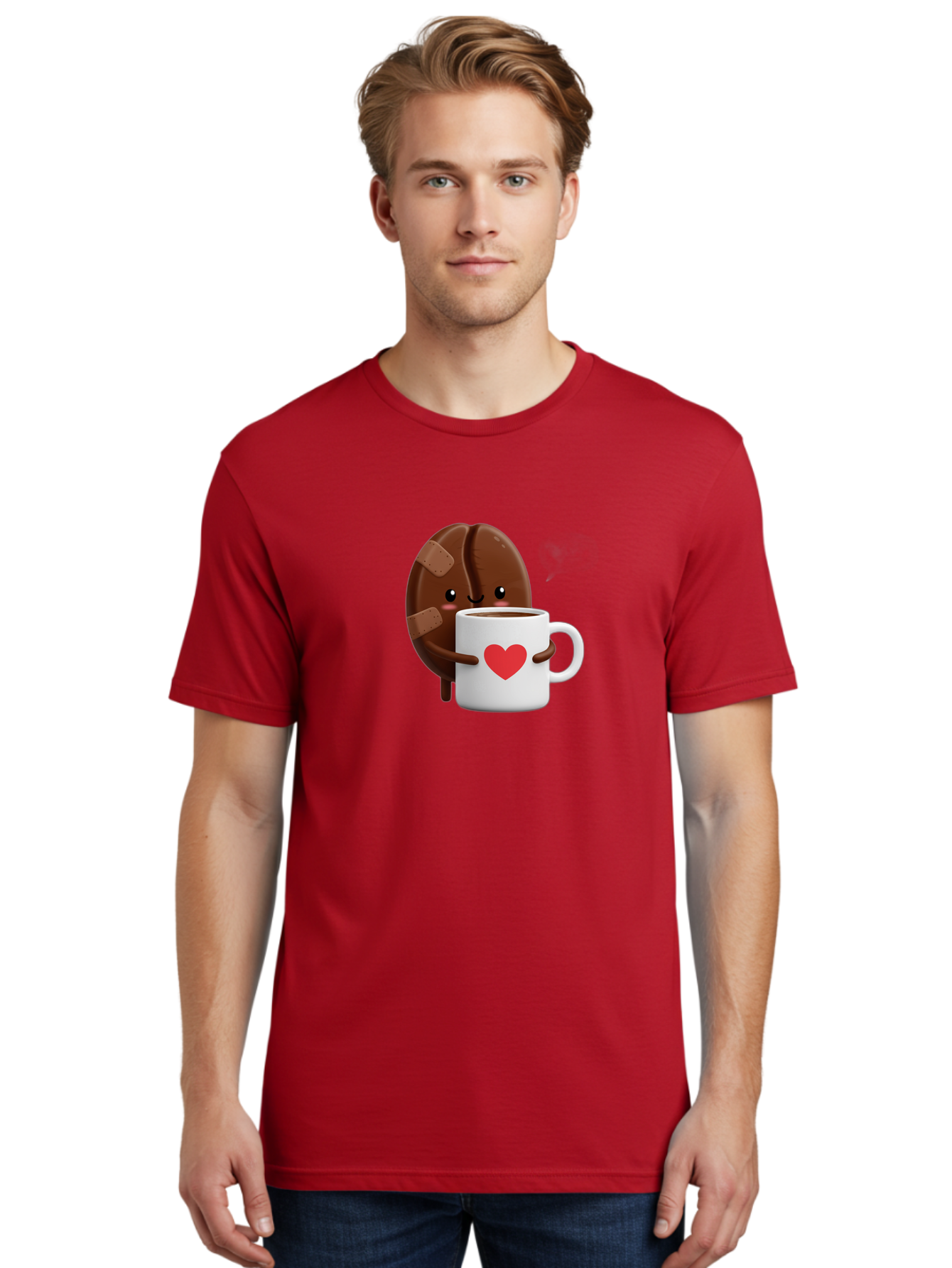 Chocolate-Cookie-Hugging-Coffee-Mug-1 Men'S Graphic Tee, 100% Cotton, Comfortable Casual Summer Wear, Machine Washable, Chocolate Cookie, Cartoon Cookie, Coffee Mug, Heart Design, Cute Illustration, Coffee Break, Bandaged Cookie, Happy Face, Bab738
