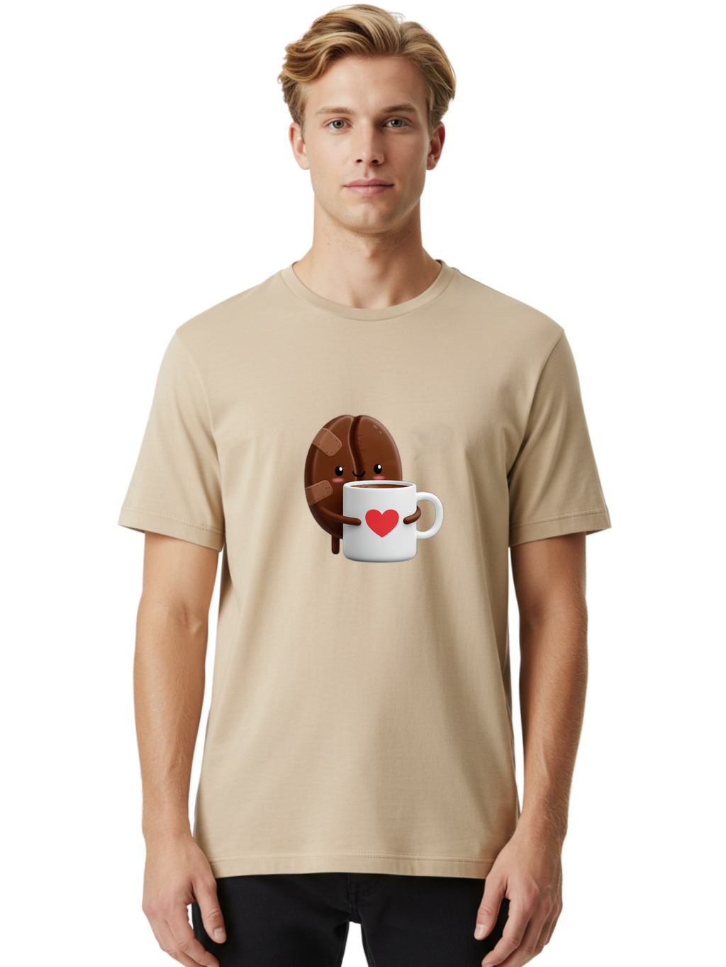 Chocolate-Cookie-Hugging-Coffee-Mug-1 Men'S Graphic Tee, 100% Cotton, Comfortable Casual Summer Wear, Machine Washable, Chocolate Cookie, Cartoon Cookie, Coffee Mug, Heart Design, Cute Illustration, Coffee Break, Bandaged Cookie, Happy Face, Bab738