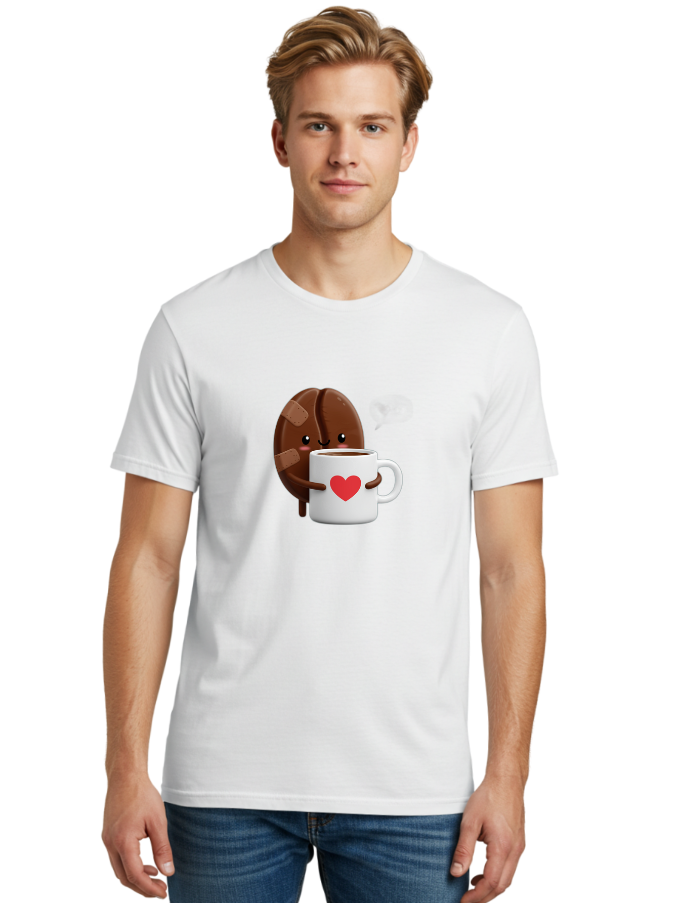 Chocolate-Cookie-Hugging-Coffee-Mug-1 Men'S Graphic Tee, 100% Cotton, Comfortable Casual Summer Wear, Machine Washable, Chocolate Cookie, Cartoon Cookie, Coffee Mug, Heart Design, Cute Illustration, Coffee Break, Bandaged Cookie, Happy Face, Bab738