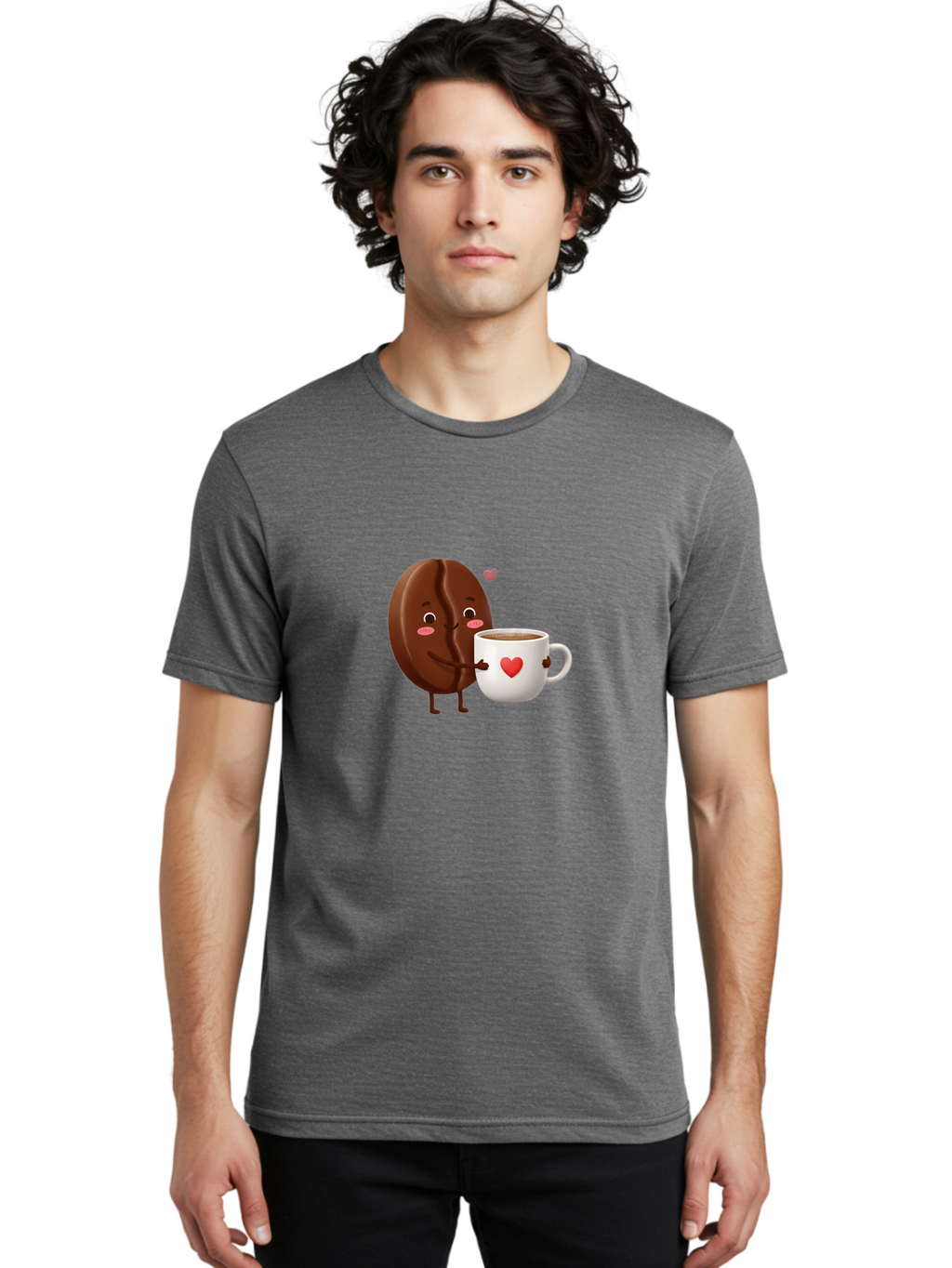 Chocolate-Cookie-Hugging-Coffee-Mug Men'S Graphic Tee, 100% Cotton, Comfortable Casual Summer Wear, Machine Washable, Chocolate Cookie, Cute Character, Coffee Mug, Heart Design, Adorable Scene, Sweet Treats, Cartoon Characters, Bab739