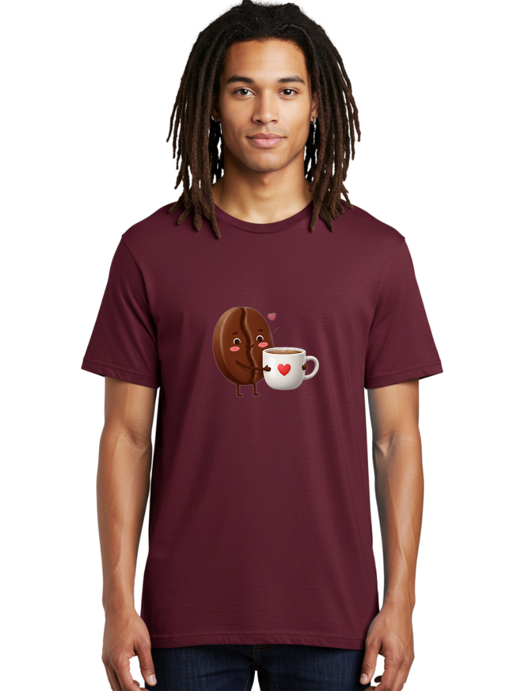 Chocolate-Cookie-Hugging-Coffee-Mug Men'S Graphic Tee, 100% Cotton, Comfortable Casual Summer Wear, Machine Washable, Chocolate Cookie, Cute Character, Coffee Mug, Heart Design, Adorable Scene, Sweet Treats, Cartoon Characters, Bab739